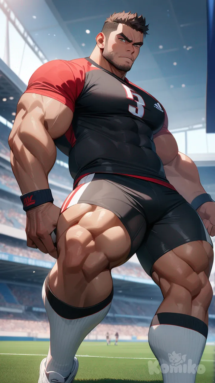 Bara, Muscular man wearing tight boxers with football socks posing on a football field