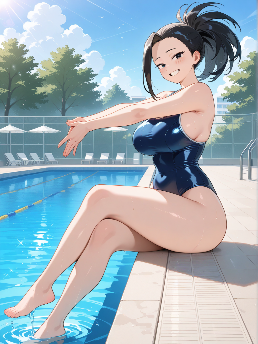 My hero Academia,
Outdoor, School swimming pool, afternoon,
1girl, Momo Yaoyorozu, Momo is woman with sexy body,
Momo wears u.a._school_swimsuit,
Momo is sit out of the pool, She is stretching her body, happy face