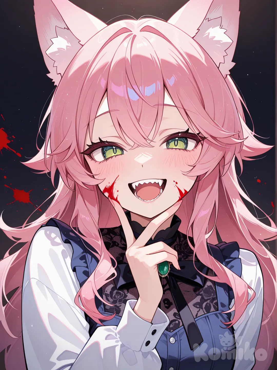 A GIRL WITH PINK HAIR, GREEN EYES, WOLF'S EAR, THERE'S BLOOD ON HER FACE, SHE'S JUST KILLED SOMEONE, SHE'S SMILING, SHE'S LAUGHING.
