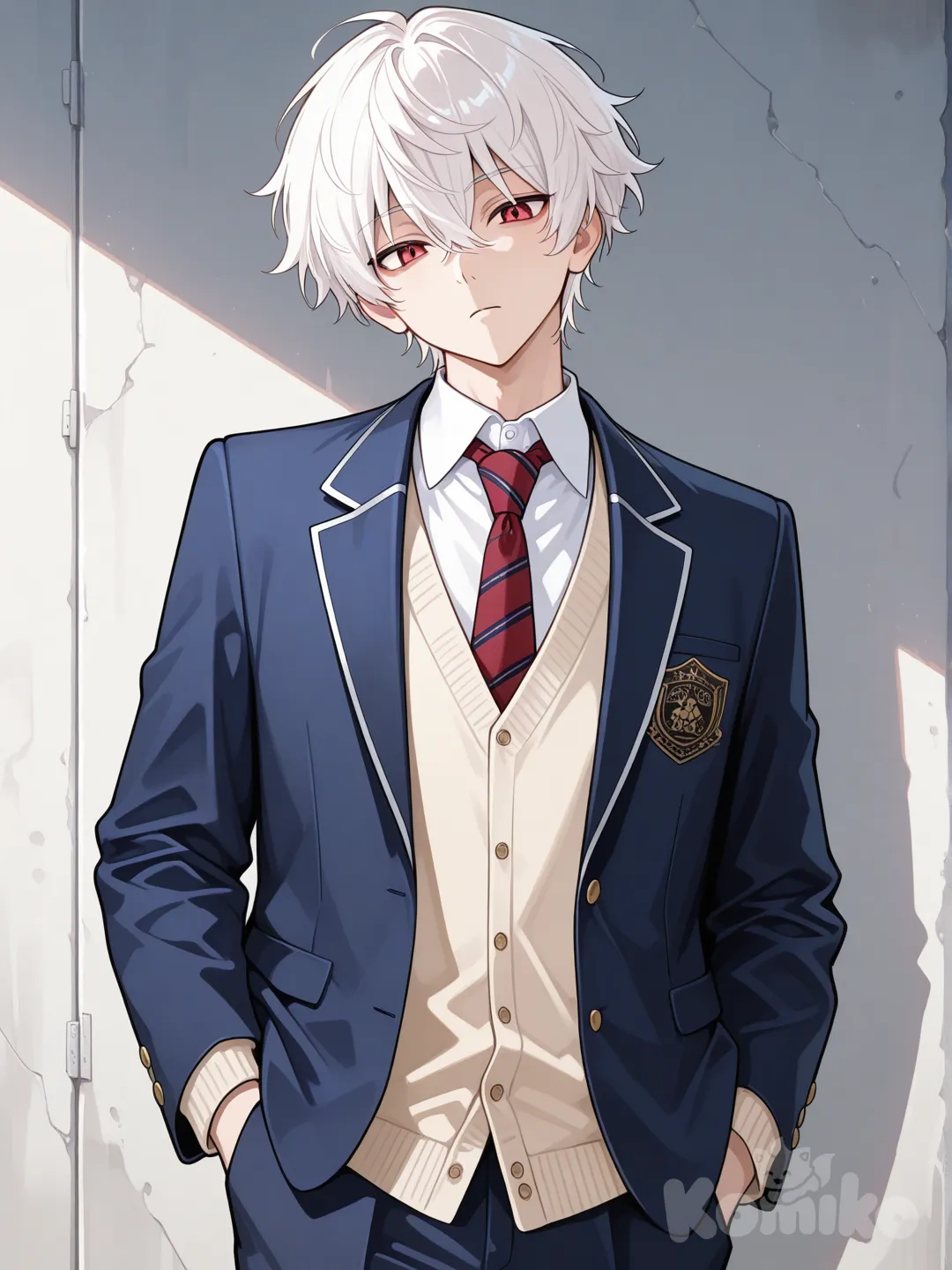 japanese male, white hair, red eyes, japanese school uniform, blazer, head tilt, hands in pockets
