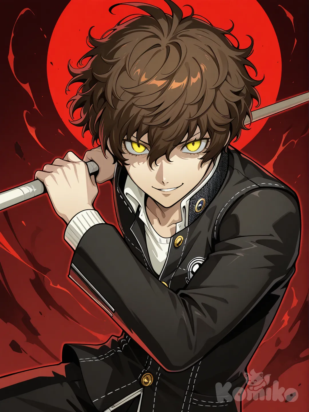 Japanese male, messy dark brown hair, yasogami high school unform, glowing yellow eyes, persona style, evil smirk, holding bo staff, fighting stance