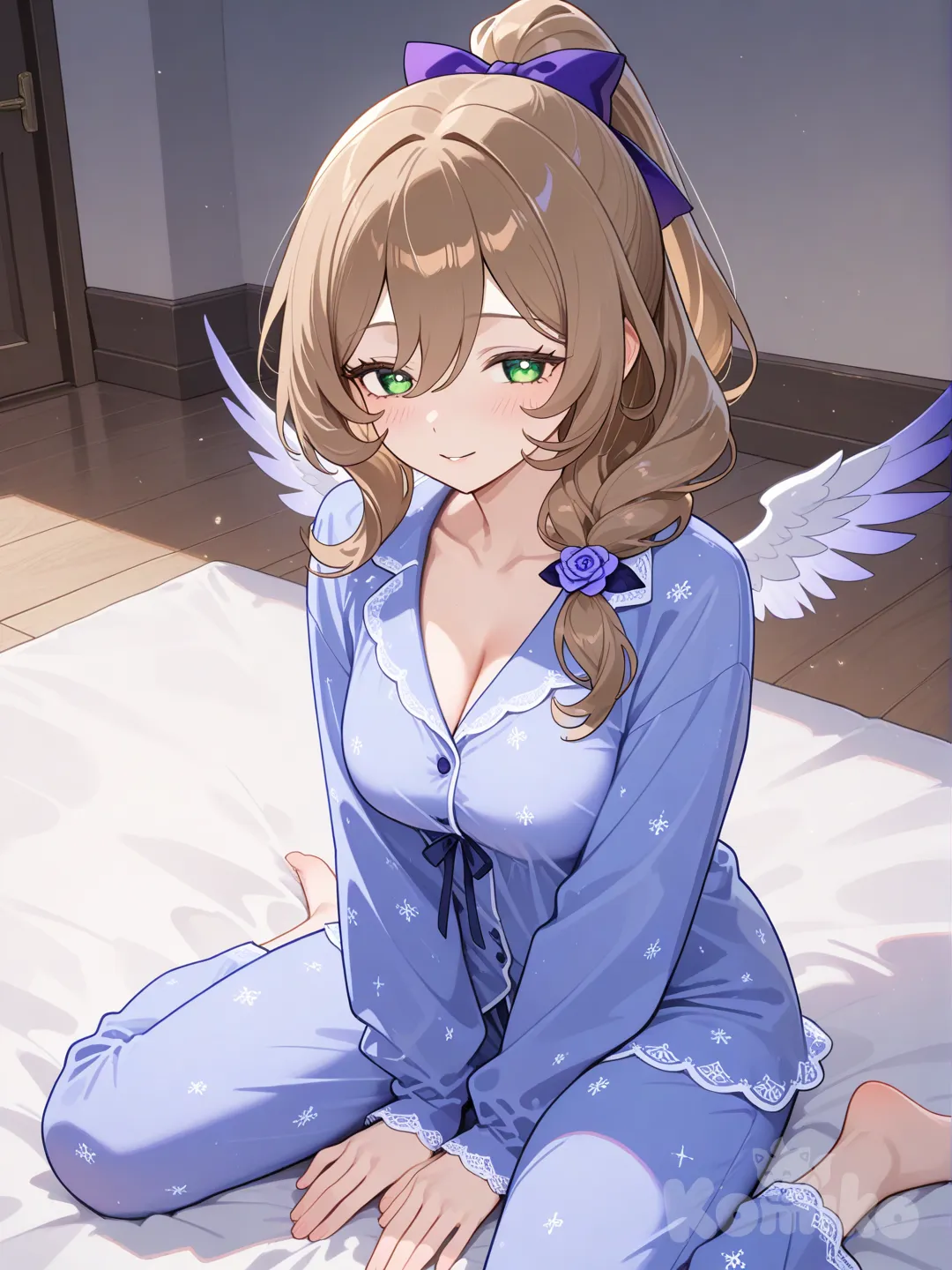 1girl, @Lisa_(Genshin_Impact), sitting on the ground, pajamas, lace, angle wings, high ponytail, navy blue