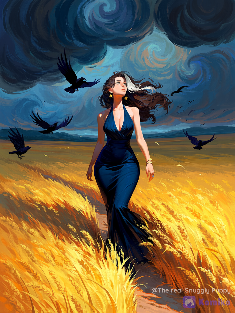 Champ de blé aux corbeaux (Van Gogh) — intégrée dans l'œuvre
Plan large, angle naturel, cadrage sur un champ de blé doré sous un ciel tourmenté bleu sombre, chemin de terre se divisant en plusieurs directions, quelques corbeaux noirs traversant le ciel en vol, touches épaisses de peinture visibles dans toute la composition façon Van Gogh tardif. @emilie-p2ku Cheveux détachés, robe simple bleu foncé. Elle marche au milieu du champ, silhouette intégrée dans le style pictural tourbillonnant, tête légèrement tournée vers le ciel orageux. Palette dominante de jaunes dorés et de bleus profonds contrastés, rendu stylisé en peinture à empâtements, atmosphère intense et mélancolique., [classical-painting-style]