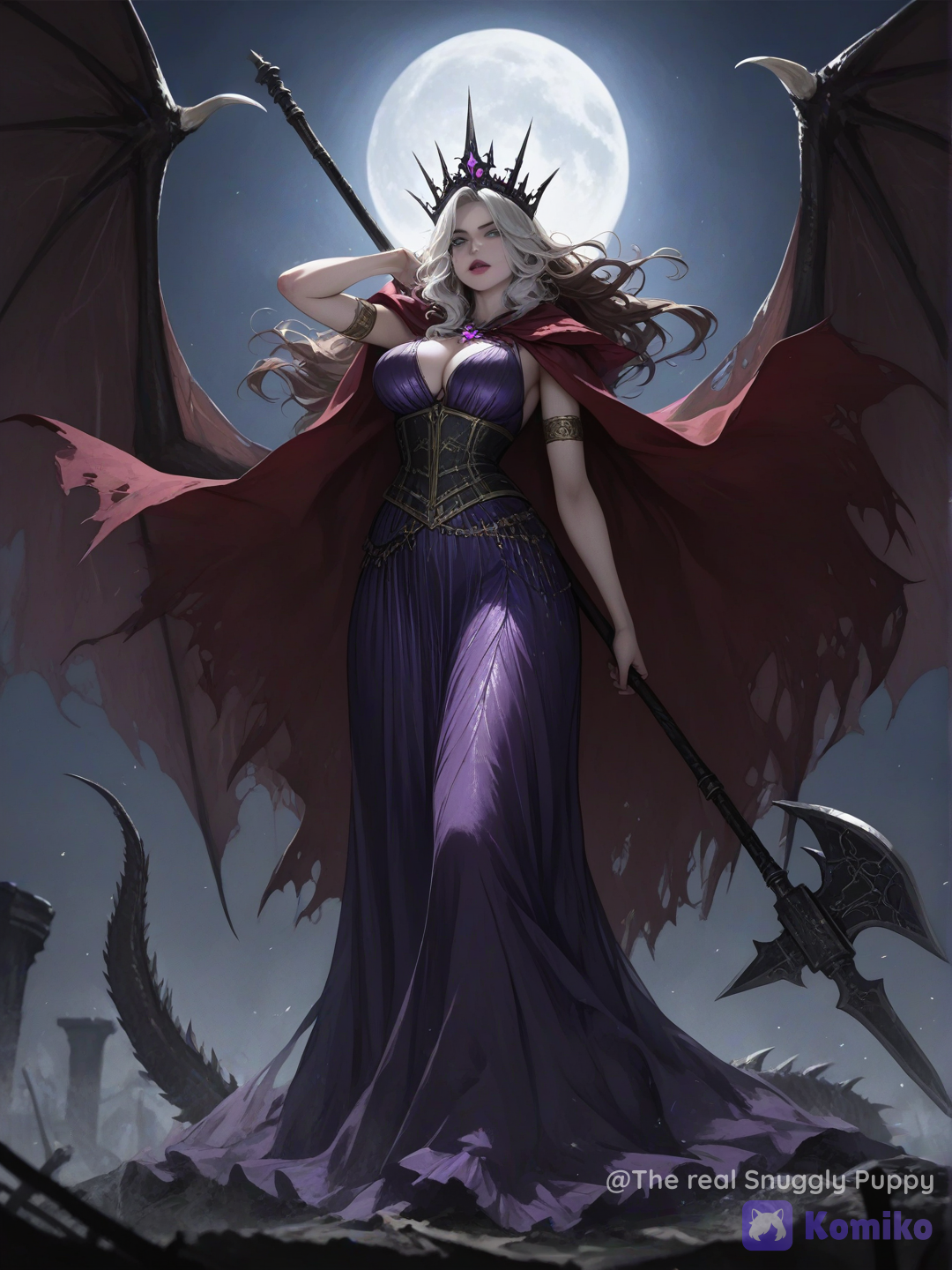 *use @emilie-p2ku as model. Une scène de nécromancie royale et spectaculaire, dans l'esprit Soulblight Gravelords de Warhammer Age of Sigmar — puissance vampirique ancienne chevauchant une monture morte-vivante. Cadrage large, angle en légère contre-plongée pour souligner la hauteur imposante de la monture, atmosphère nocturne et lugubre, brume basse au sol, ruines gothiques ou champ de bataille dévasté en arrière-plan flou, lumière lunaire froide et bleutée perçant à travers des nuages sombres.
Cheveux bruns clairs à mèches grises et blanches, longs et détachés, flottant comme portés par une énergie surnaturelle, surmontés d'une couronne haute et ornementée en métal sombre incrustée de pierres violettes, structure élancée et pointue évoquant une coiffe royale gothique.
@emilie-p2ku Tenue : robe longue richement drapée, corsage structuré violet profond aux reflets satinés, larges pans de tissu blanc immaculé tombant en cascade depuis la taille, traîne rouge sombre déployée derrière elle en plusieurs lés ajourés et effilochés aux bords, ceinture ornementée dorée, manches amples aux poignets ouvragés. Un long sceptre ou bâton torsadé tenu dans une main, orné à son sommet d'une lame stylisée en forme de hache recourbée.
Monture : un dragon squelettique massif, ossature détaillée avec vertèbres apparentes et côtes saillantes, crâne allongé aux mâchoires puissantes, plaques d'armure organiques vert acide et pourpre recouvrant le poitrail et le crâne de la créature, griffes acérées, longue queue segmentée s'enroulant en arrière-plan, ailes suggérées comme des lambeaux osseux déployés, quelques effluves d'énergie spectrale bleu pâle s'échappant de la gueule ou des articulations de la monture.
Posture altière et immobile de la cavalière, un bras levé tenant le sceptre en signe de commandement silencieux, expression noble et froidement magnétique, regard perçant chargé d'autorité ancienne, nothing should look posed, no eye contact with the viewer.
Lumière lunaire bleutée et froide contrastant avec les touches chaudes de la robe rouge et dorée, reflets spectraux bleu pâle sur les os de la monture, palette de violets profonds, blancs spectraux, rouges sombres, verts acides et pourpres organiques, rendu réaliste et somptueux façon illustration dark fantasy de figurine peinte à la main, extremely armor and fabric texture, intricate bone structure, realistic anatomy, perfect hands, cinematic lighting, professional photography.*, [luminous-k-portrait-style]