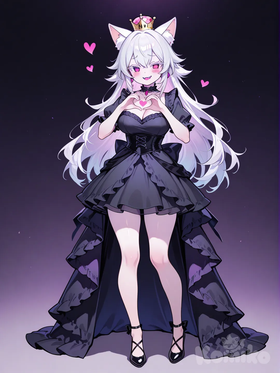 @Princess_King_Boo, heart hands, smile, little black dress, necklace, fox ears, full body