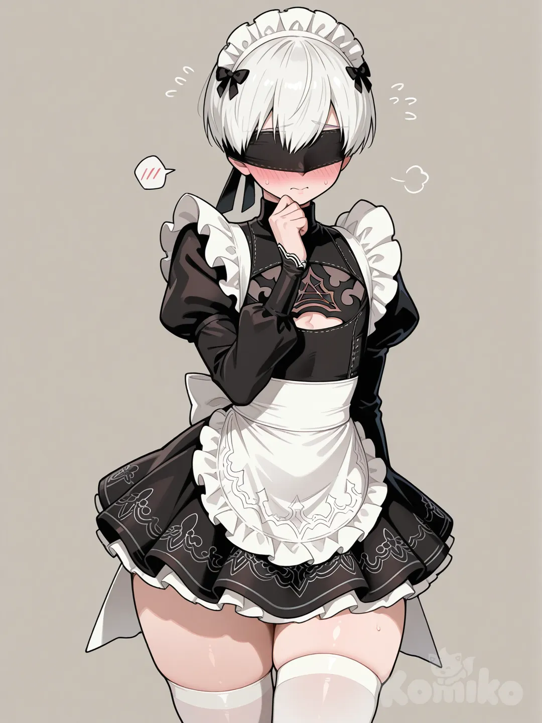 9s (nier:automata), Su cuerpo está más afeminado de lo normal, tipo un femboy, muy lindo y sensual. Que este vestido con un trajde de maid tradicional pero que mantenga su venda en los ojos, y que se lo note avergonzando