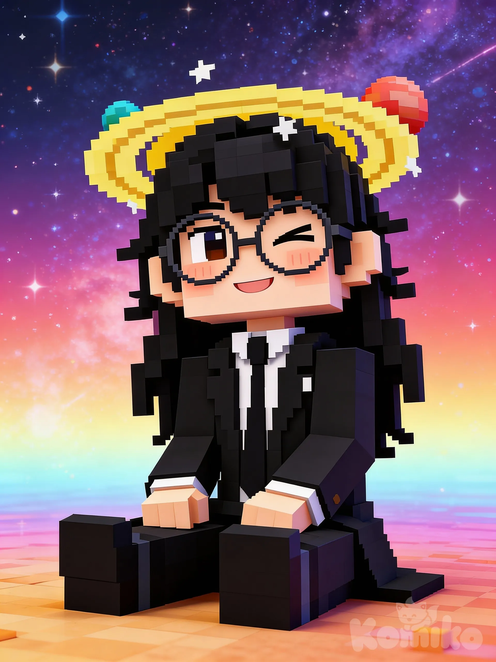cosmic background, gradient, glasses, one eye closed, blush, smile, sitting on the ground