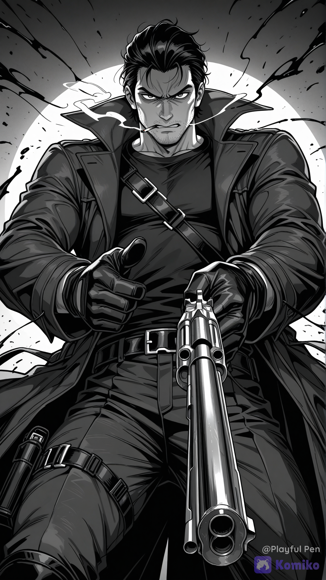 ultra anime style, 1boy, solo, mature male, handsome, short slicked-back black hair, sharp serious eyes, light stubble beard, cigarette in mouth, smoke trailing upward, intense angry expression, wearing long black leather trench coat with popped collar, black t-shirt underneath black tactical pants, black combat belt, black leather gloves, thigh holster, combat boots, aiming a massive revolver directly at the viewer with right hand, (large Russian heavy revolver:1.3), thick barrel, top-mounted barrel design, oversized cylinder, matte black finish, intimidating handgun, military grade revolver, dynamic action pose, low angle shot, cowboy shot, muzzle pointed at camera, dark stormy battlefield background, dust clouds, dramatic cinematic lighting, gritty atmosphere, vigilante aesthetic, sharp focus, highly comic book style, **Background:** It is white with a black sign (Ink splashes), giving a graphic feel in an action or street manga. * **Color scheme:** Focus on black, white and Gray, which are color pairs that feel energetic, modern and very dangerous., marvel