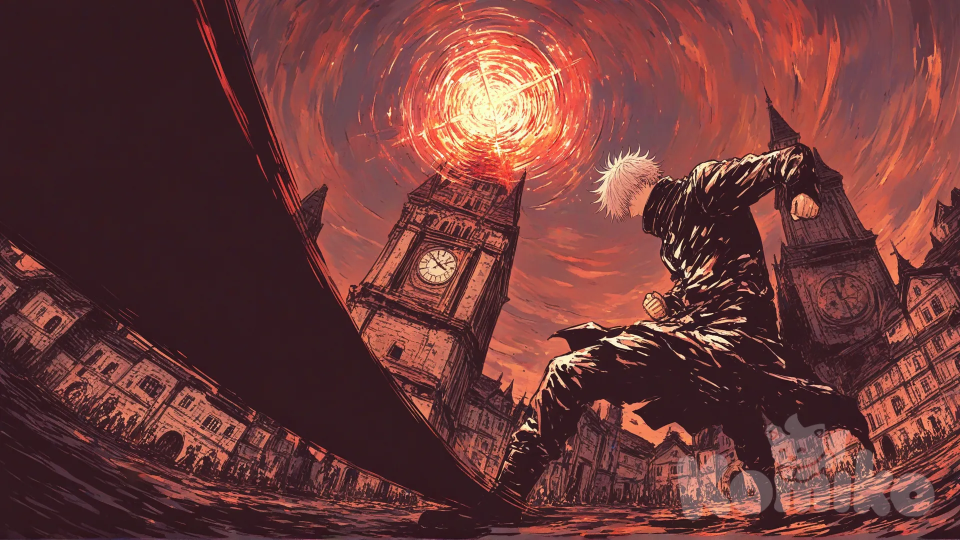 @Gojou_Satoru, two person fighting, fighting with their skill power, full body, panoramic lens, cinematic lighting, village, clock tower, [sweet-painting-style], looking at each other