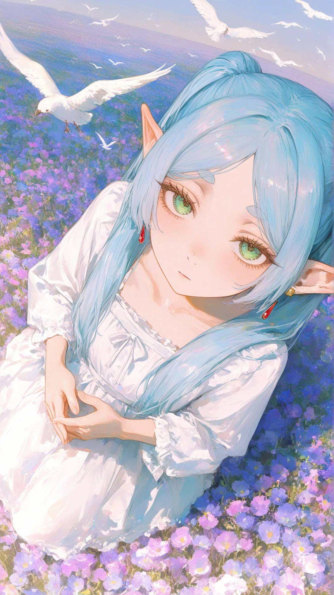 @Frieren, [sweet-painting-style], cinematic lighting, flower field, sunlight, day, side light, expressionless, own hands together , portrait, closeup, bird's-eye view, looking at viewer, flying