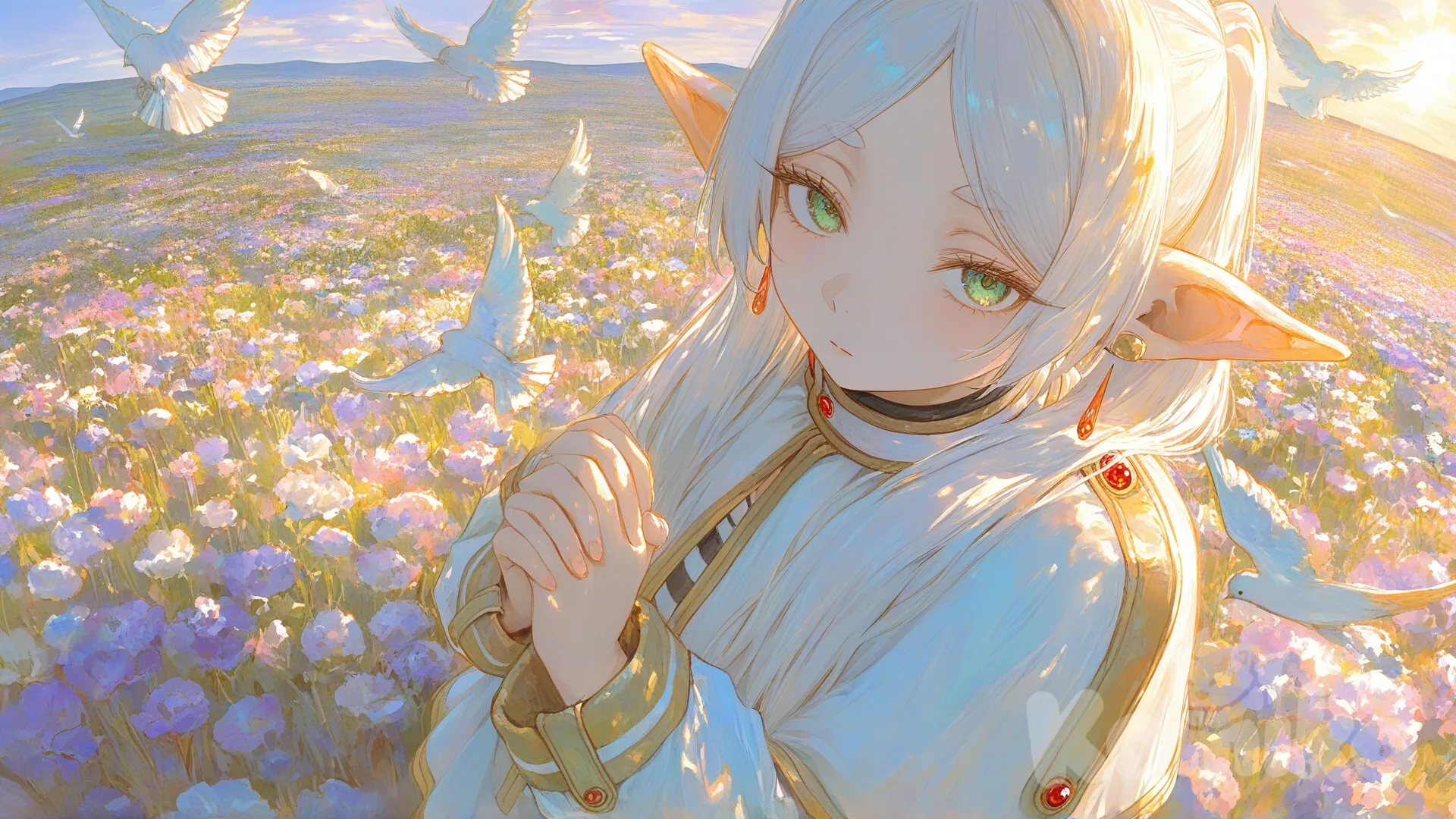 @Frieren, [sweet-painting-style], cinematic lighting, flower field, sunlight, day, side light, expressionless, own hands together , portrait, closeup, bird's-eye view, looking at viewer, flying