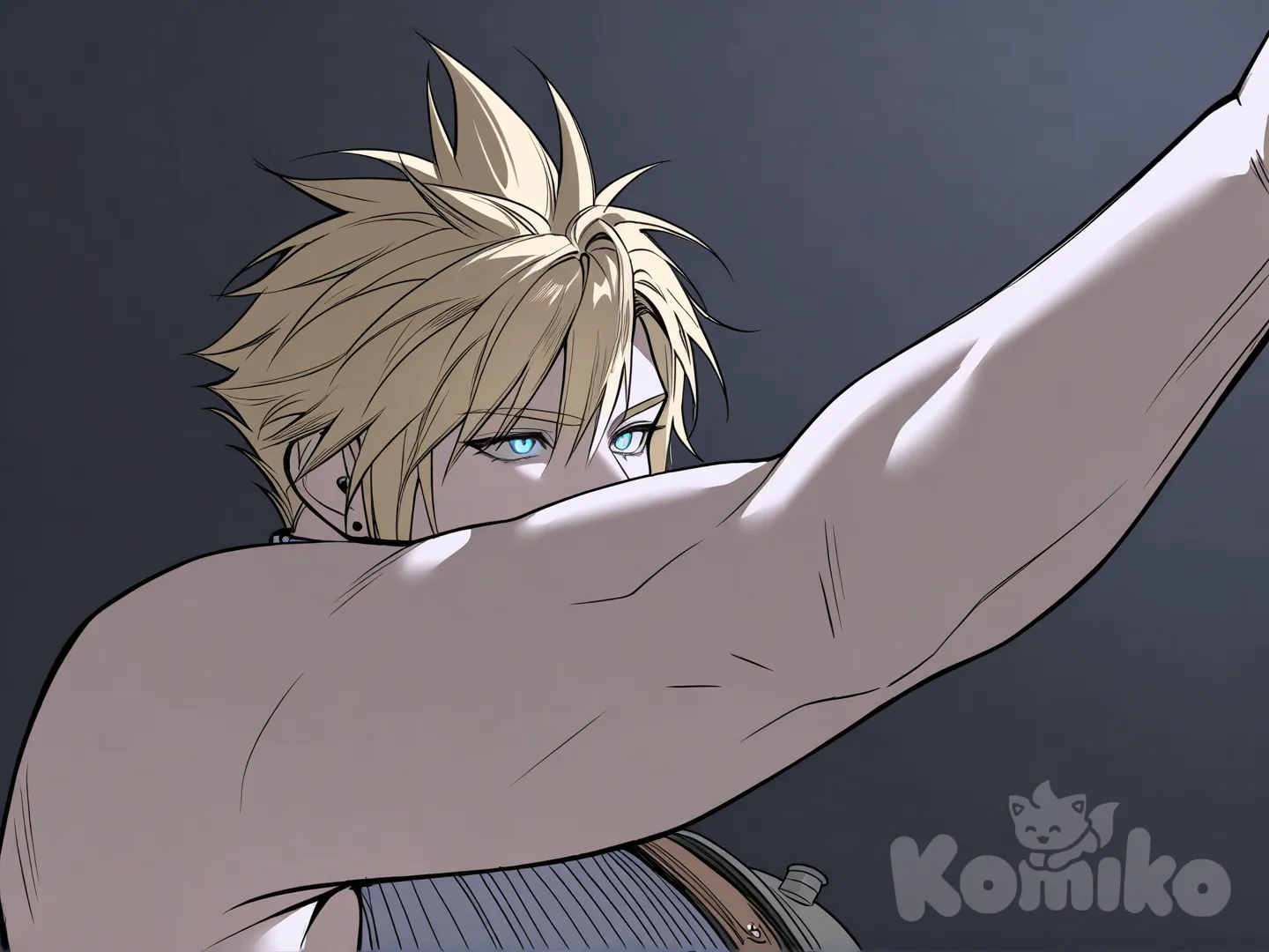 cloud strife, final fantasy, 1boy, blue eyes, hair between eyes, blonde hair, spiked hair, short hair, shoulder armor, sleeveless turtleneck，露出鸡巴, [muscular-manhwa-style]