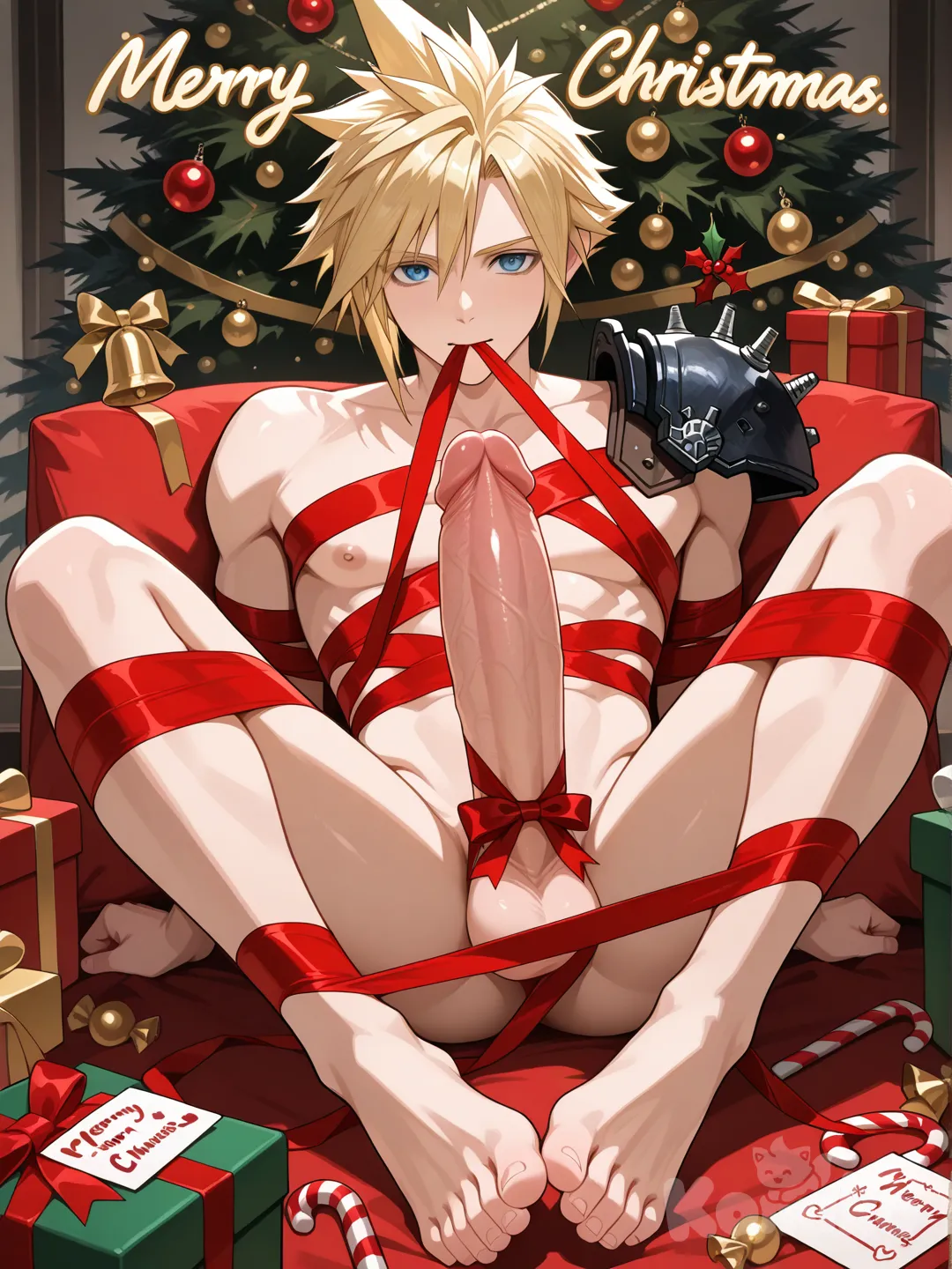 cloud strife, final fantasy, 1boy, blue eyes, hair between eyes, blonde hair, spiked hair, short hair, shoulder armor, sleeveless turtleneck,什么衣服都没穿,露出21厘米大鸡巴,让图上人物在圣诞氛围的地方躺下来,被包裹在圣诞礼盒里,人物丝带裹身,嘴叼着丝带的一头附带一张贺卡,上面写着merry christmas,保持画风以及保持人物在圣诞礼盒里,礼盒里有圣诞元素,人物在内部半躺,腿部动作:他的双腿自然弯曲,右脚踩在地面上,左脚则向后伸展,整个
姿态显得自然而富有动感,保持人物体型比例不变,保持人物头型和装饰不变。图片比例3:4