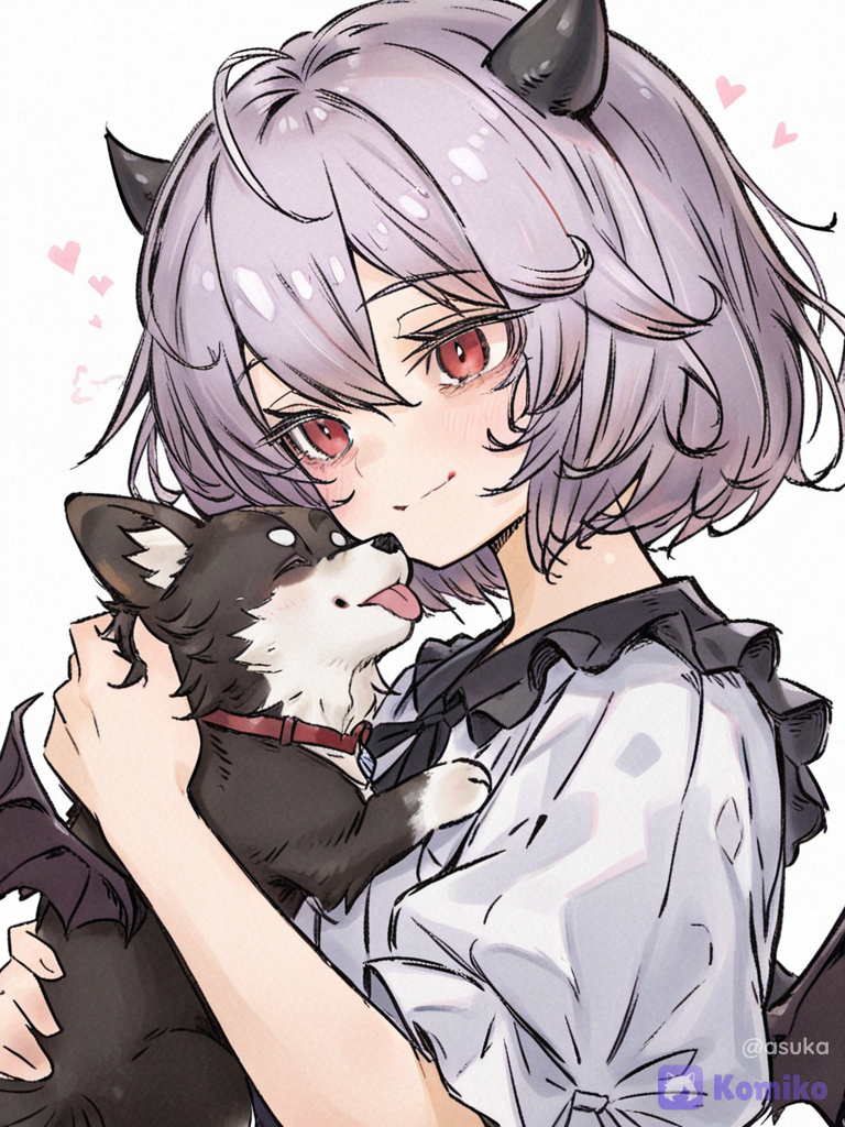 [soft-wash-sketch-style], A centered eye-level portrait depicts an anime illustration of a demon girl holding a cute puppy. The subject stands against a flat white background. The demon girl has short messy light-purple bob hair, small black devil horns, red eyes, and a gentle smile. She wears a black frilled dress with a hair accessory and a set of small feathery black demonic wings and tail visible. In her arms, she cradles a black Shiba Inu puppy, who licks her cheek affectionately. The soft watercolor style employs delicate brushstrokes and a pale color palette, emphasizing the gentle interaction between the girl and the puppy under even, soft lighting.