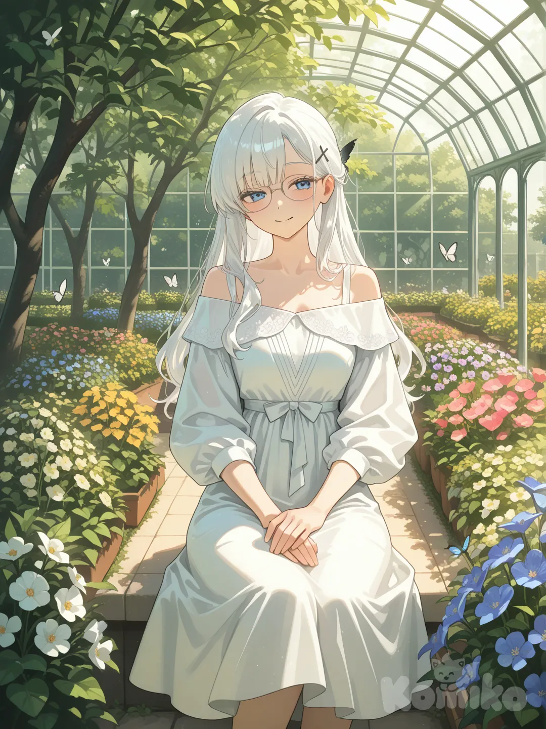 A young woman wearing a white off-shoulder dress, white hair, blue eyes and smooth, beautiful skin, wearing glasses, black hairpins, giving off a beautiful, calm and comfortable feeling. The natural garden backdrop has butterflies, flowers and a greenhouse, sunlight filtering through the leaves, sunlight hitting, natural light, being patted on the head.