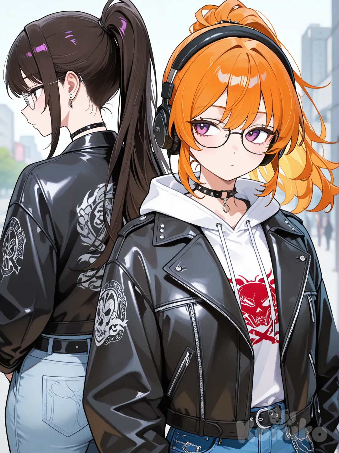 2people, back to back, hoodie, cargo pants, choker, glasses, headphones, double s, side part, high ponytail, closeup, upper body, looking away, blurred background, leather jacket, jeans, studs, khaki