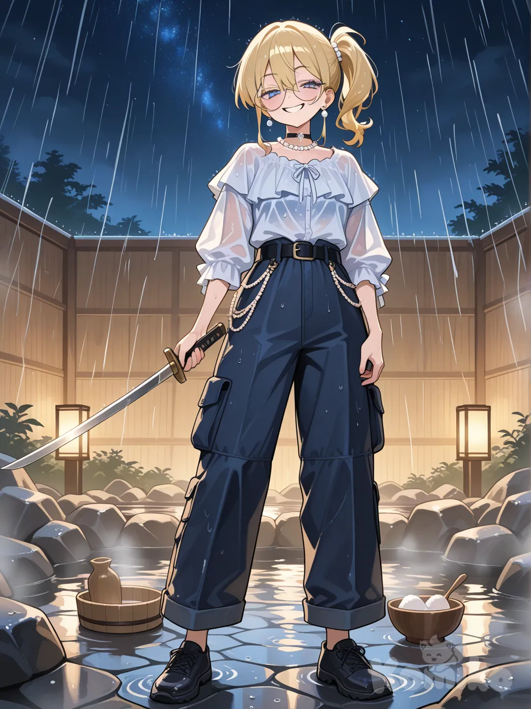 singing, holding sword, evil smile, bohemian shirt, cargo pants, ruffles, choker, earrings, glasses, pearls, blonde hair, side ponytail, mushroom cut, navy blue, ambient light, full body, onsen, rainy, starry sky