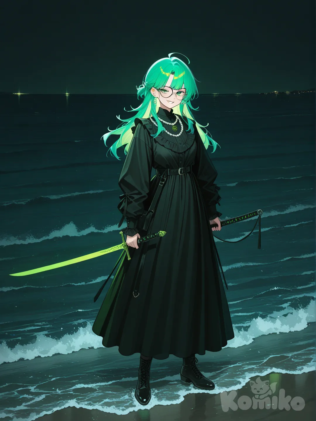 holding sword, smirk, little black dress, glasses, pearls, mullet, neon green, full body, ambient light, ocean