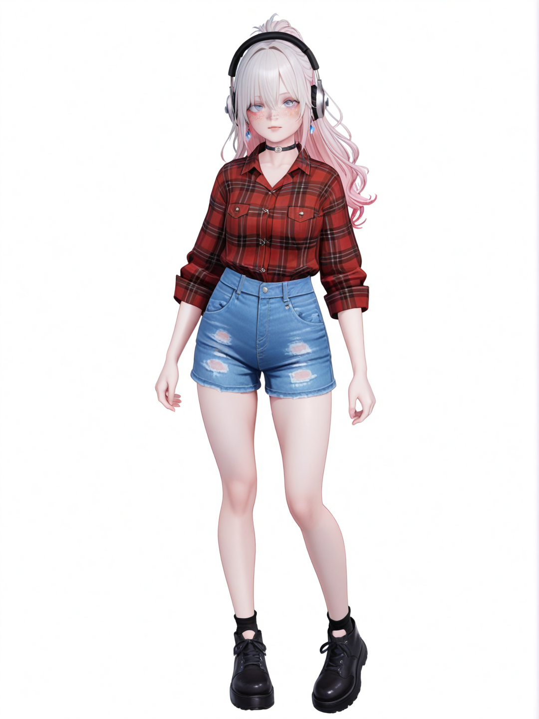 [3d-anime-style] 1girl, realistic, angel, mature, slim, short, petite, silver hair, pink hair, straight hair, ponytail, long hair, blue eyes, pink eyes, freckles, pale skin, plaid shirt, denim skirt, choker, earrings, headphones, single character, full body, looking at viewer, simple background, white background
