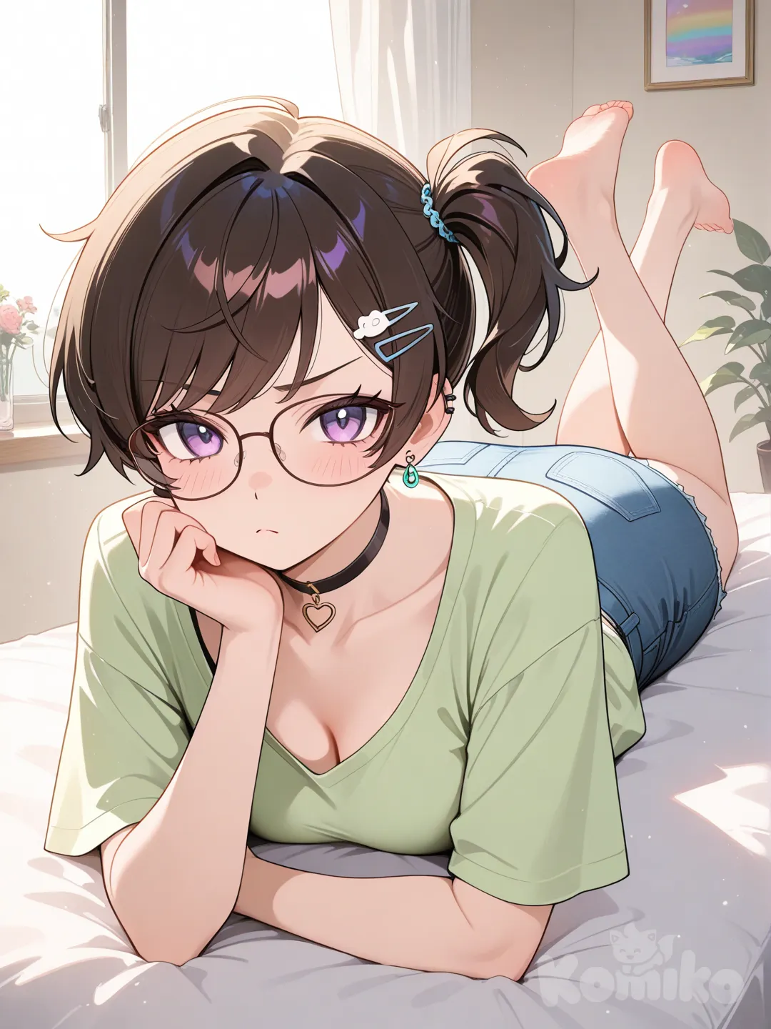 lie on stomache, blush, frown, henley shirt, denim skirt, hairpin, earrings, choker, glasses, side ponytail, pixie cut, rainbow, looking at viewer, full body, ambient light, day