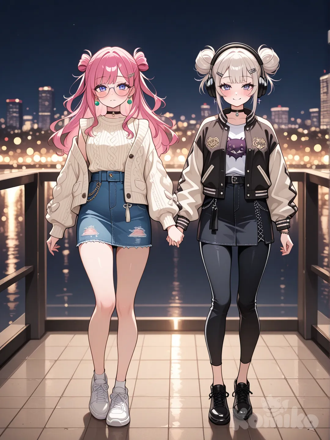 holding hands, frown, blush, smile, knitted cardigan, henley shirt, capri pants, varsity jacket, denim skirt, tassels, sherpa, hairpin, choker, earrings, glasses, headphones, double buns, fuchsia, full body, looking at viewer, blurred background, sle, city lights, cityscape