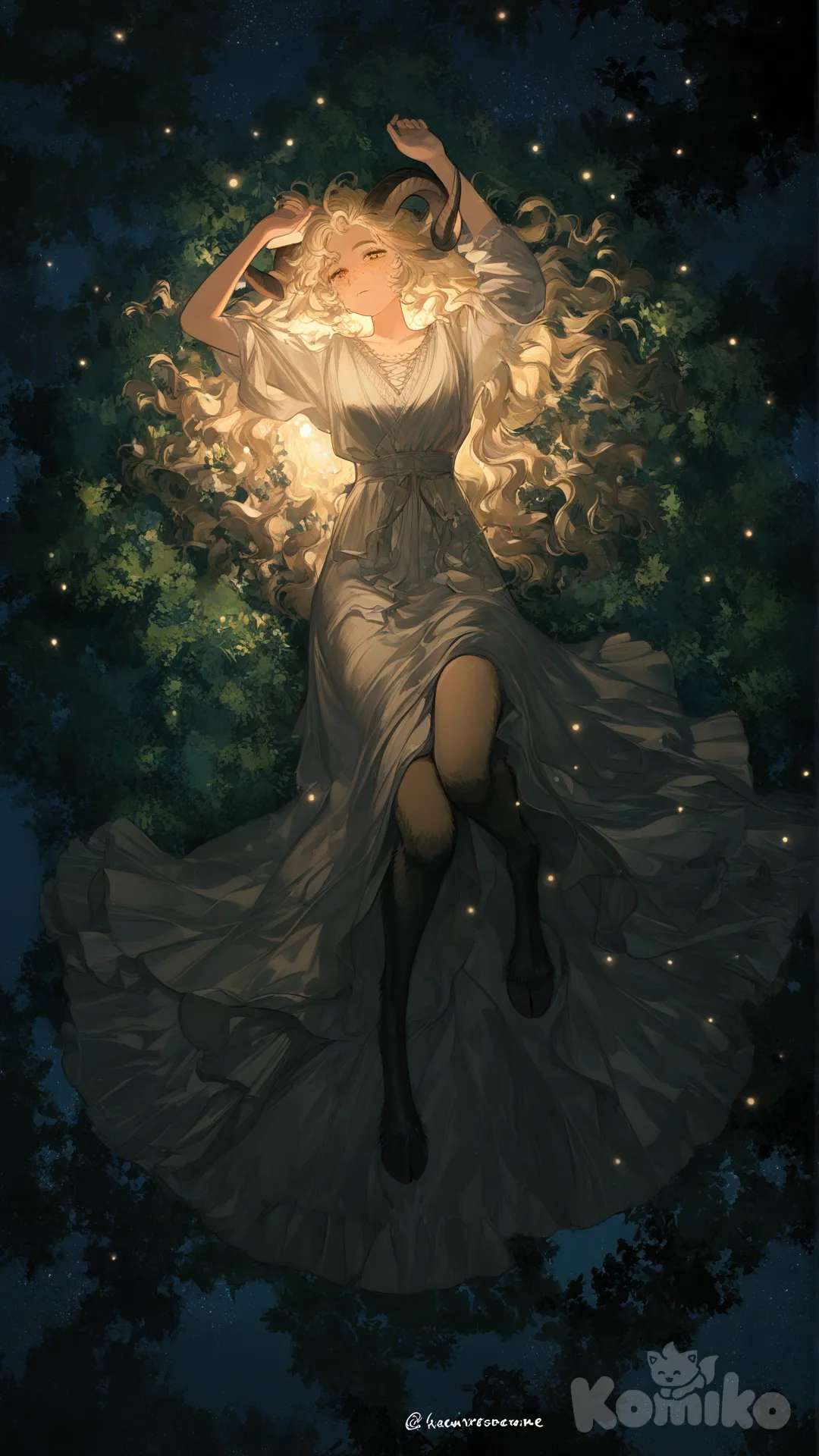 Девушка. Лежит на спине. Полный рост.Веснушки. Светлые волосы. Волнистые волосы. Кудрявые волосы. Рога барана на голове. Янтарные глаза. Уставший взгляд. Ноги сатира. Рука к небу. Одежда в стиле бохо., forest, bird's-eye view, [moody-glow-style], sparkle, night