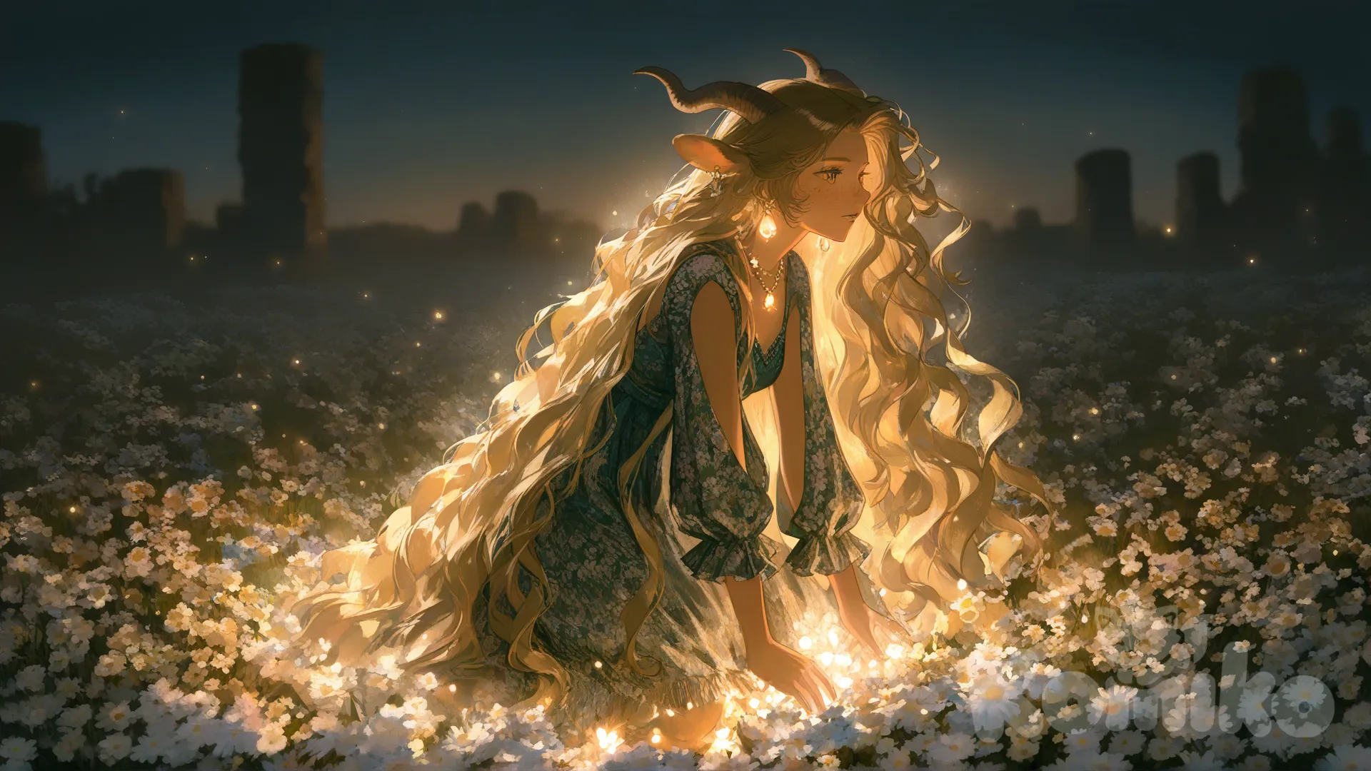 Девушка. сидит на коленях. Полный рост.Веснушки. Светлые волосы. Волнистые волосы. Кудрявые волосы. Рога барана на голове. Янтарные глаза. Сатир. Одежда в стиле бохо. вид сбоку, [moody-glow-style], sle, night, crying, jewelry, blurred background, ruins, field, цветы, sparkle, medium long shot, top light
