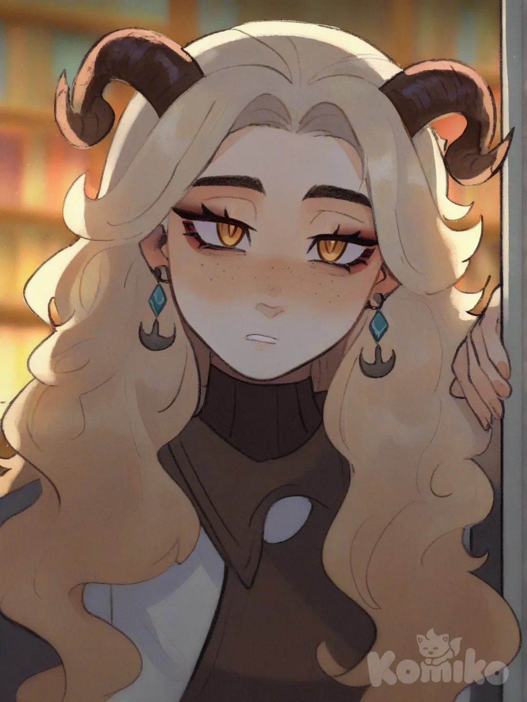 Девушка. Среднего роста. Светлая кожа. Веснушки. Янтарные глаза. Уставший вид. Светлые волосы. Волнистые волосы. Рога барана на голове. Длинные волосы. Одежда авантюриста. Опирается на косяк двери., earrings, upper body, ambient light, library, [soft-shaded-moe-style]