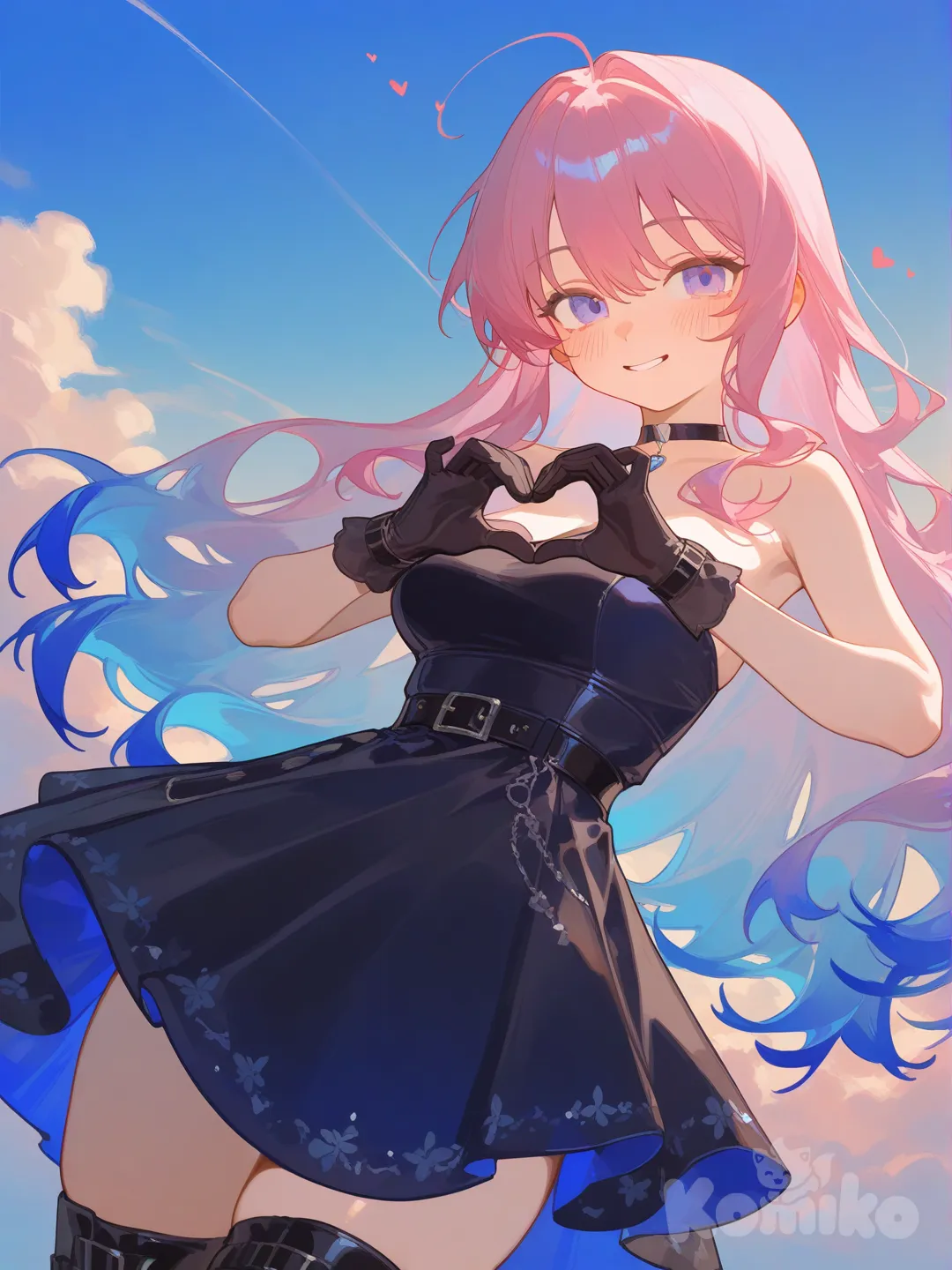 @Mize, heart hands, smile, blush, upper body, ambient light, cloud, blue sky, gradient background, [soft-shading-style]