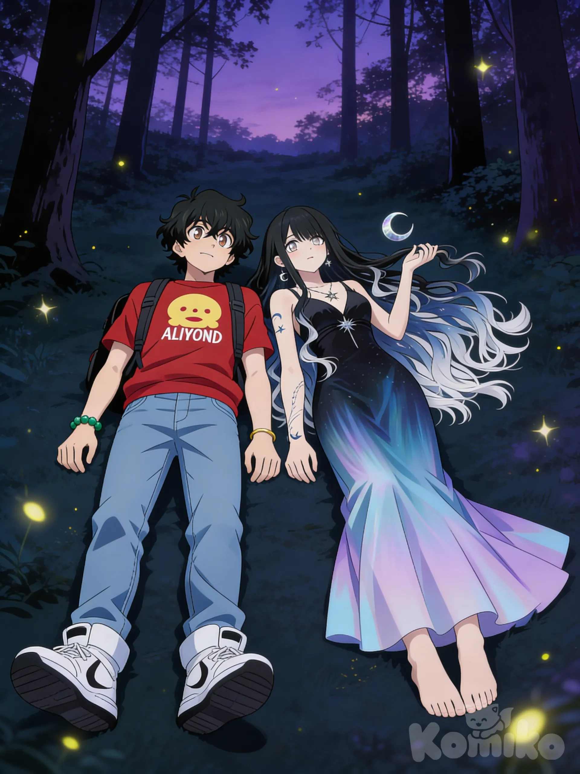 [pop-anime-style], @akira-takahashi-oKqh, @luna-celestine-nightshade-B7ob, lie on stomache, full body, twilight, forest