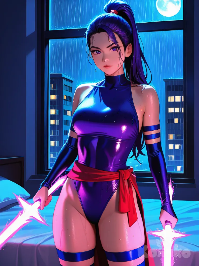 Psylocke dos x-men.
Num quarto de uma noite chuvosa.
Esta usando um maio roxo, com um laço grande amarrado na sua cintura é um roxo mais claro.
Está com o cabelo preso como rabo de cavalo.
Está molhada da cabeça aos pés.
Está com sua espada roxa de energia na sua mão.