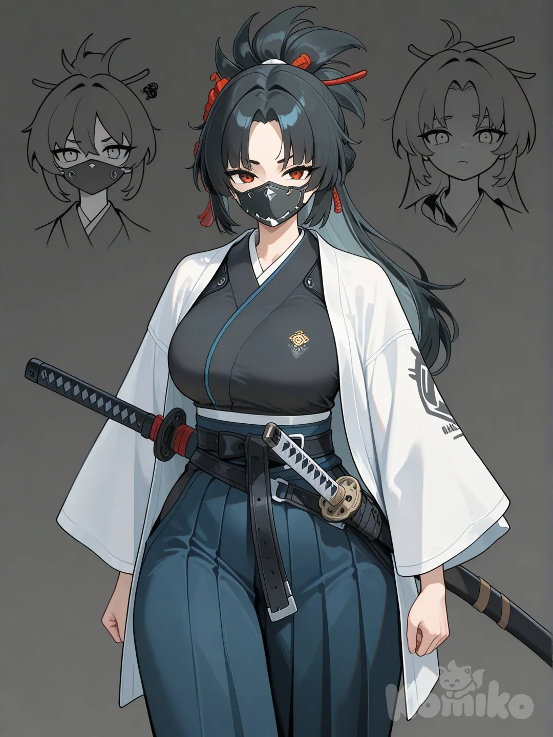 zenless zone zero, a tall woman, a mature woman, an athletic build, mature forms of a mature woman, dressed in a black kimano, over a white haori, and a blue hakama, shod in white tabis and wooden sandals, with a katana in a belt with a white scabbard and a silver traditional tsuba, on a belt in addition to a tanto katana, a loose straight black face mask, with a straight ponytail, open forehead, black thin eyebrows, oval head shape, clear cut eyes, calm, intently relaxed and slightly serious and sullen facial expressions, thin lips, double eyelid