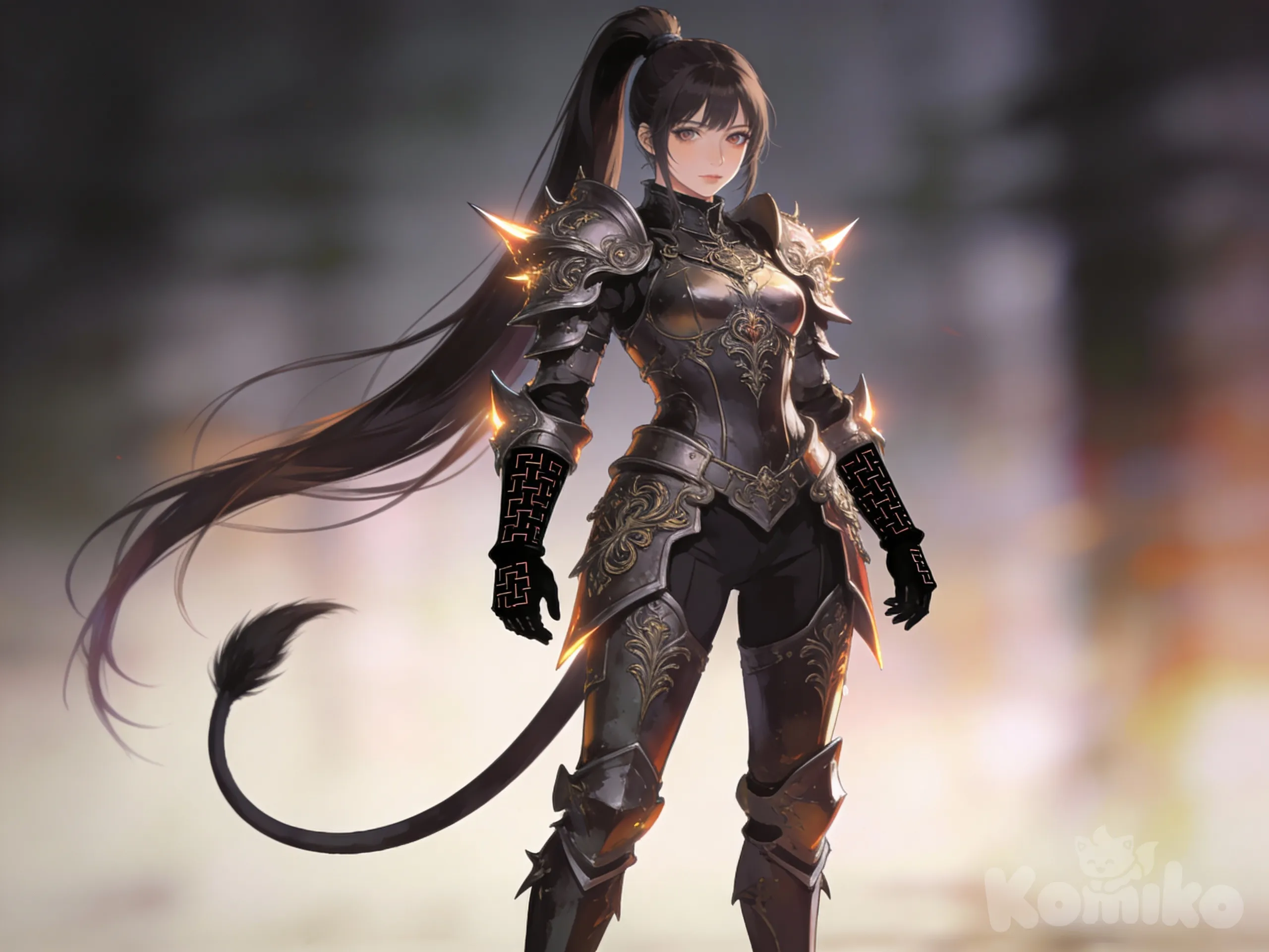 Anime Fantasy, heavy full gothic armor plate armor medieval, ponytail, Tail woman, full body, looking at viewer, blurred background, coded gloves Black