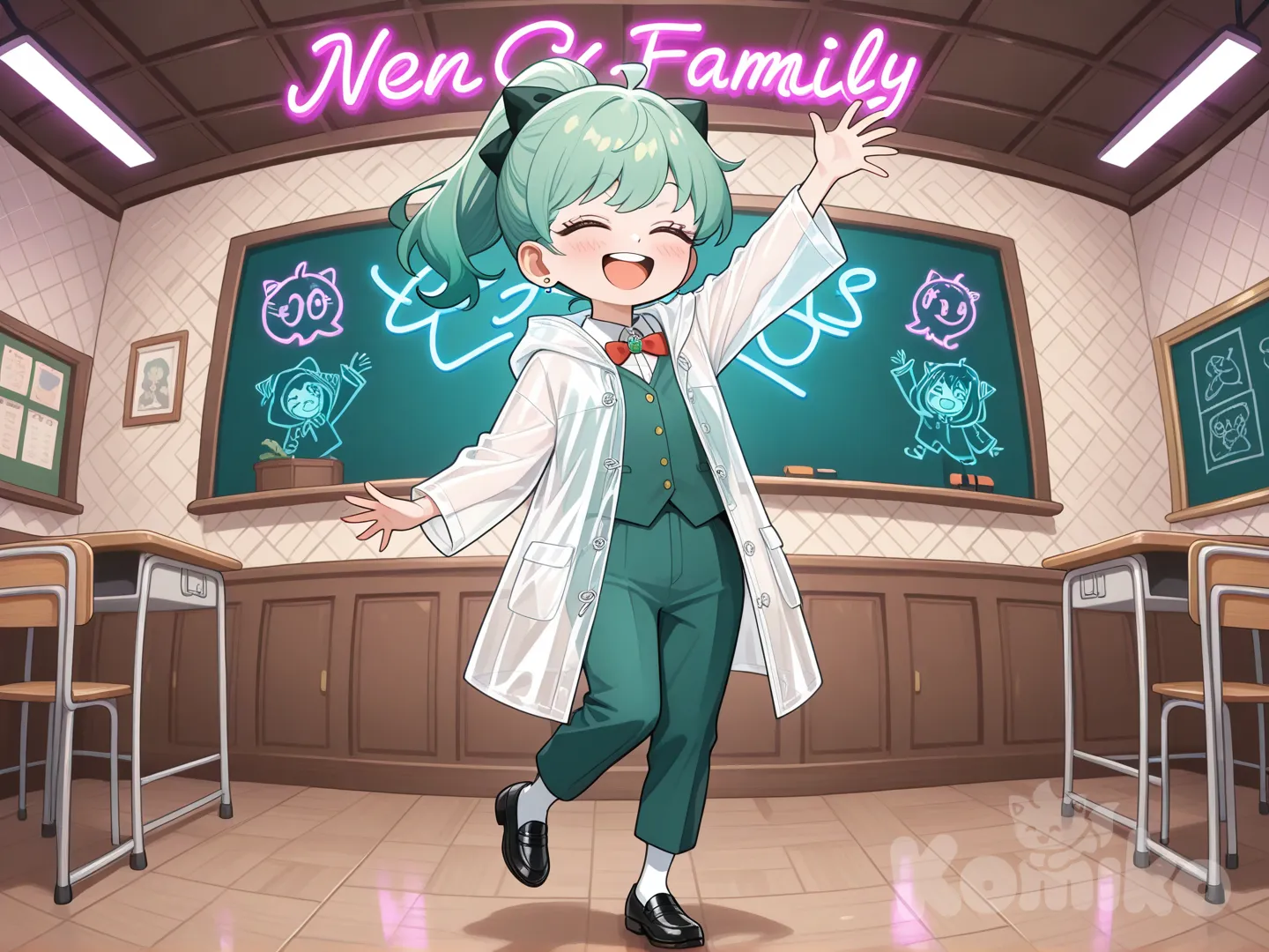 @Anya_(Spy_X_Family), dancing, singing, waving, school vest, casual pants, raincoat, studs, bow tie, laughing, smile, high ponytail, neon green, neon lights, full body, classroom