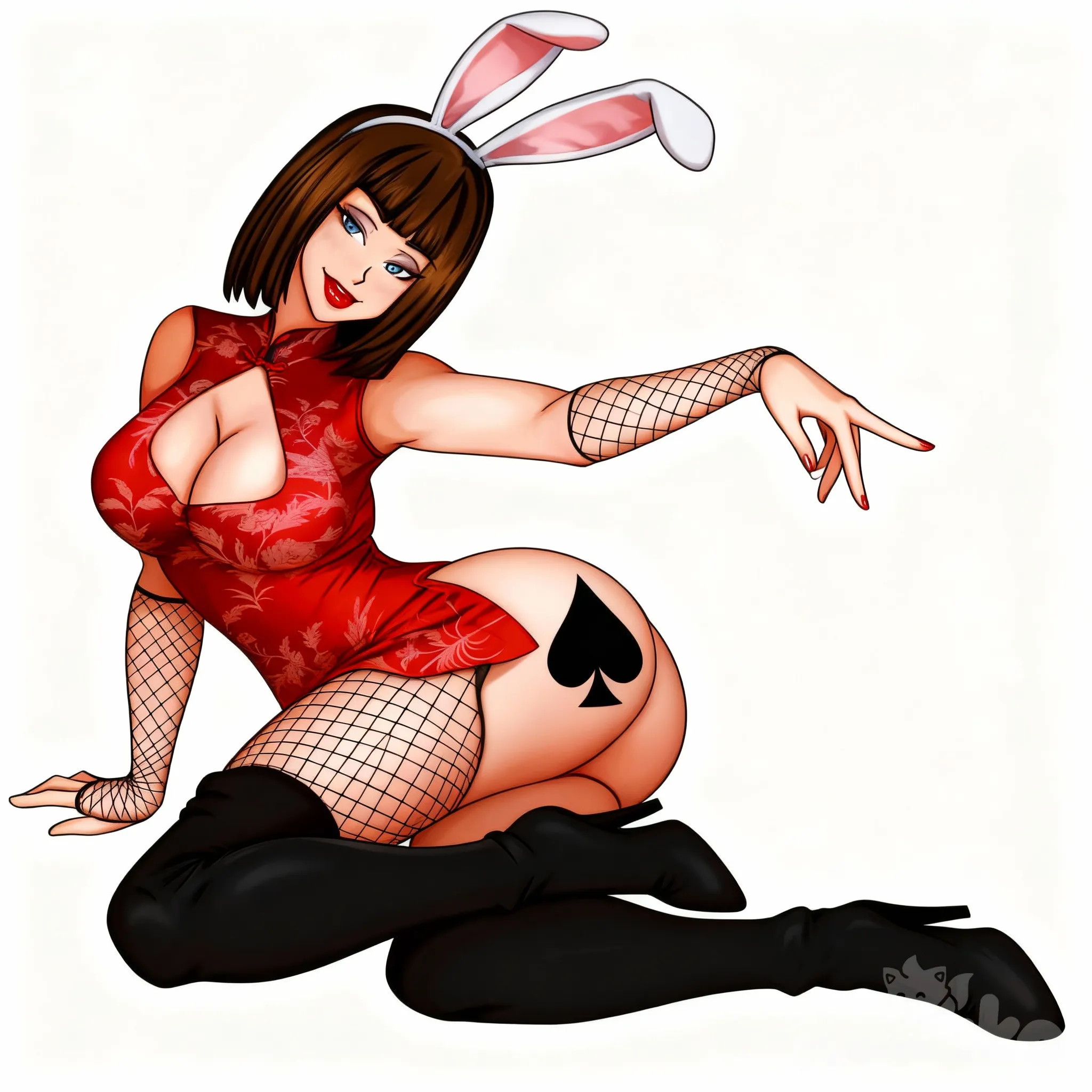 Redraw but make blue part s of dress red, same pose, showing full naked ass, fishnet stockings only come up to thighs, large black spade symbol tattoo on asscheek, wearing bunny ears, blank background, perfect anatomy, perfect round ass smug evil smirk, juicy lips with red lipstick
