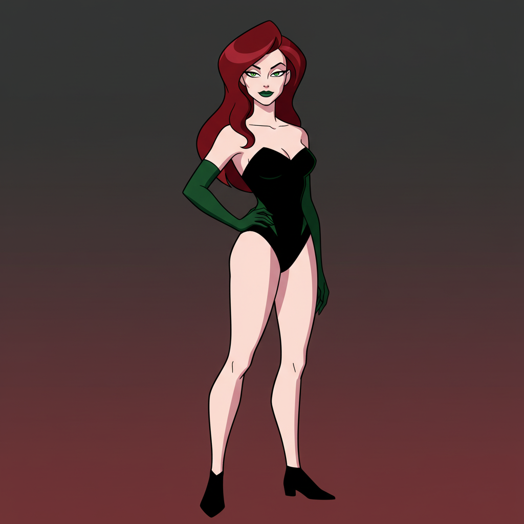 Create a full-body, high-quality recreation of Poison Ivy in the art style of Batman: The Animated Series (1990s). She should be designed with the same sleek, minimalistic yet elegant look used in the show — smooth cel-shaded colors, bold black outlines, and stylized proportions.
Appearance Details:
– Face: Pale ivory skin tone with a cool undertone, smooth and flawless. Angular jawline with a slightly pointed chin, soft cheek contour, and perfectly symmetrical features.
– Eyes: Almond-shaped with sharp green irises and heavy black eyeliner. Lashes long and thick, with that classic sultry half-lidded gaze that expresses intelligence and danger.
– Eyebrows: Thin and sharply arched, adding to her cunning and confident expression.
– Lips: Full and dark forest-green lipstick with a slight gloss. Lips slightly parted for a calm but seductive expression.
– Hair: Deep auburn-red, flowing and voluminous, shaped in a smooth, curved style — one large wave framing the left side of her face and the rest falling just past her shoulders. Her hair should have a clean, flat red tone with subtle darker cel shading near the edges.
Outfit:
– Strapless black leotard with a sweetheart neckline, drawn tightly to her form.
– Green accents forming subtle V-shapes that run along her sides, matching her gloves.
– Long, dark green gloves reaching above the elbows, blending into her outfit with minimal seam detail.
– Legs exposed from upper thighs down, pale like her face.
– Black or dark green ankle boots with simple curves matching the show’s design.
Body and Posture:
– Slim, athletic hourglass figure with stylized animation proportions (narrow waist, elegant shoulders).
– Standing in a confident pose — one hand resting on her hip, the other hanging casually by her side.
– Expression calm, sly, and self-assured, as if she’s about to deliver a clever remark.
Lighting & Style:
– Keep the dramatic noir-inspired color tone of Batman: The Animated Series: muted reds, greens, and blacks.
– Background optional or plain dark gray/red gradient (no realistic scenery).
– Use classic hand-drawn animation shading: one layer of darker cel shadow on one side of her body and face, emphasizing her cheekbones and collarbone.
– Maintain the original series’ tone — stylized, gothic, and subtly seductive.
This Poison Ivy should look exactly as she appeared in Batman: The Animated Series: poised, dangerous, intelligent, and elegantly minimalistic in design.”