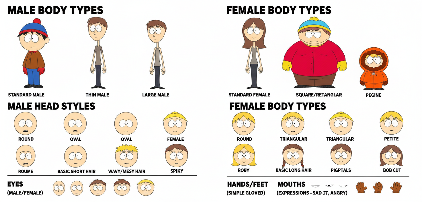 I need you to make template sheet of this artyle for body types male ans female shapes heads etc