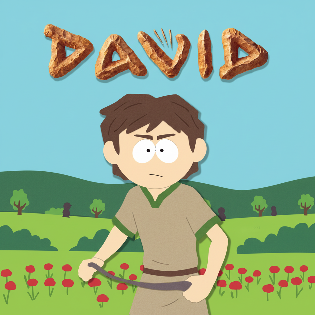 REVISED SOUTH PARK PROMPT (STRONG + CLEAR)
This is NOT a semi-realistic style. Recreate fully in traditional South Park 2D cut-out animation style.
Completely transform the reference image into a true South Park visual style.
Do NOT use realistic textures, lighting, or CGI.
No realistic cloth, no realistic shading, no 3D rendering.
The entire scene must look like a screenshot from South Park.
CHARACTER (FULL SOUTH PARK STYLE, NOT JUST EYES)
Young boy styled after David
Body proportions = South Park child template (small body, large round head, simple shape hands)
Flat 2D colors — no fabric texture, no wrinkles
Hair simplified into South Park blocky paper-cut shapes, not realistic strands
Clothing simplified to flat tan tunic with green trim
Rope belt is a simple flat line detail
Holding sling in a simple cut-out shape
Expression confident and determined
DO NOT use realistic facial features or shading
BACKGROUND — FULL SOUTH PARK SCENERY REQUIRED
Convert the landscape + flowers into flat cut-paper style shapes, NOT realistic render
Trees become simple South Park layered shapes (like paper cutouts)
Bright, flat colors — no blur, no depth-of-field photography effect
Background characters must be South Park silhouettes/figures, not realistic humans
Overall look should match episodes like “Imaginationland” for vibrancy
TITLE DESIGN
Replace rock-texture logo with South Park construction-paper style letters
Brown paper cutout look with thin shadow
Placed above character like original framing
FINAL REMINDER (IMPORTANT)**
🚫 No 3D CGI
🚫 No realistic lighting
🚫 No real textures
🚫 No semi-realistic rendering with only South Park eyes
✔ 2D flat paper-cut animation
✔ Looks like it air-lifted from an episode of South Park