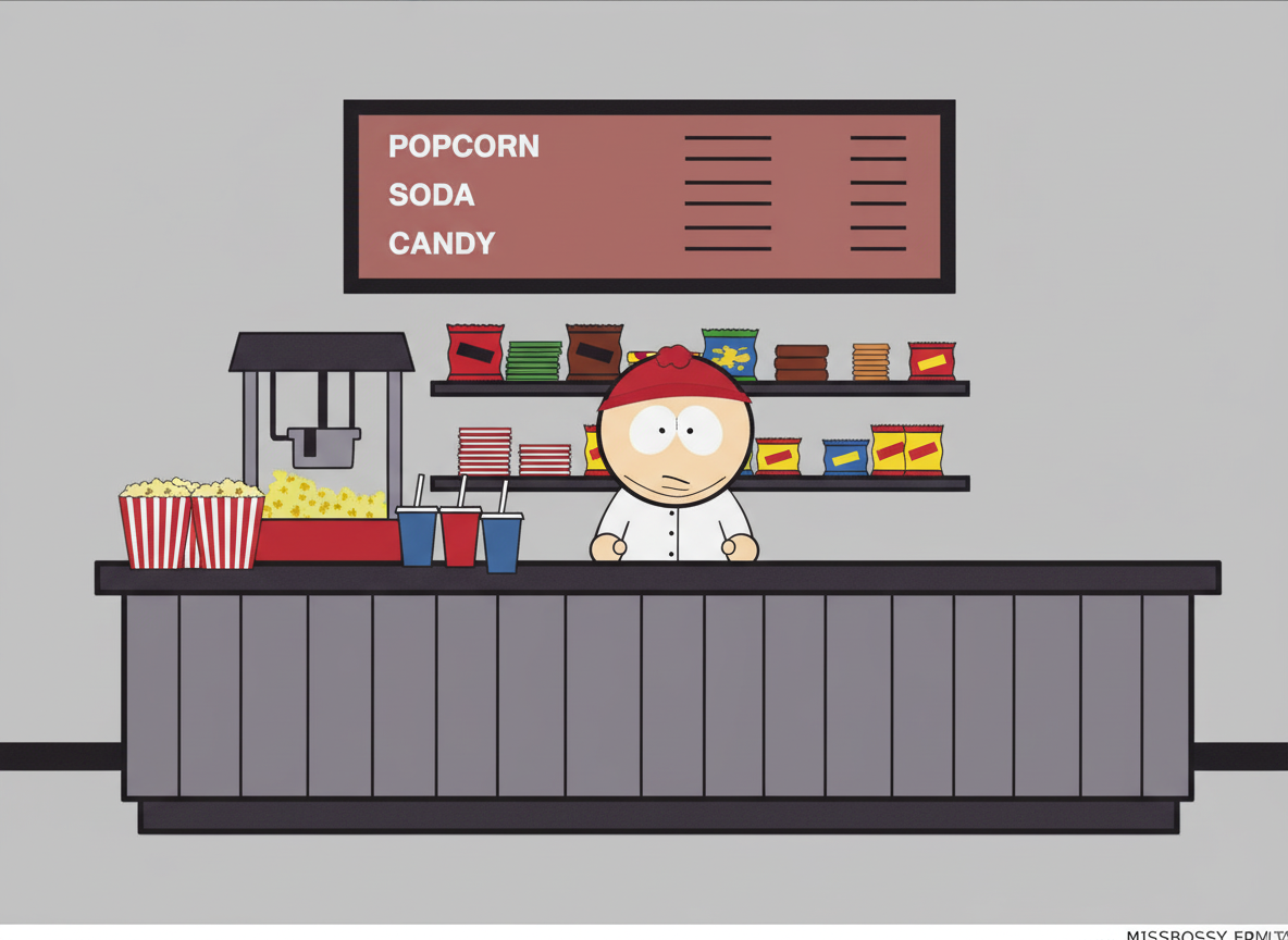 🎬 Kimiko Sprites Art Prompt — Movie Theater Concession Stand Only (South Park Style)
Prompt:
Interior of a movie theater lobby, drawn in classic South Park cutout style.
Scene features a concession stand with popcorn machine, popcorn bags, soda cups, and a simple menu board.
One cashier is standing behind the counter (front-facing), in South Park style (round head, dot eyes, flat colors, thick black outlines).
No other characters in the background.
Clean layout, flat lighting, simple shapes, muted colors.
2D paper-cutout look, minimal shading, looks like a real South Park episode background.