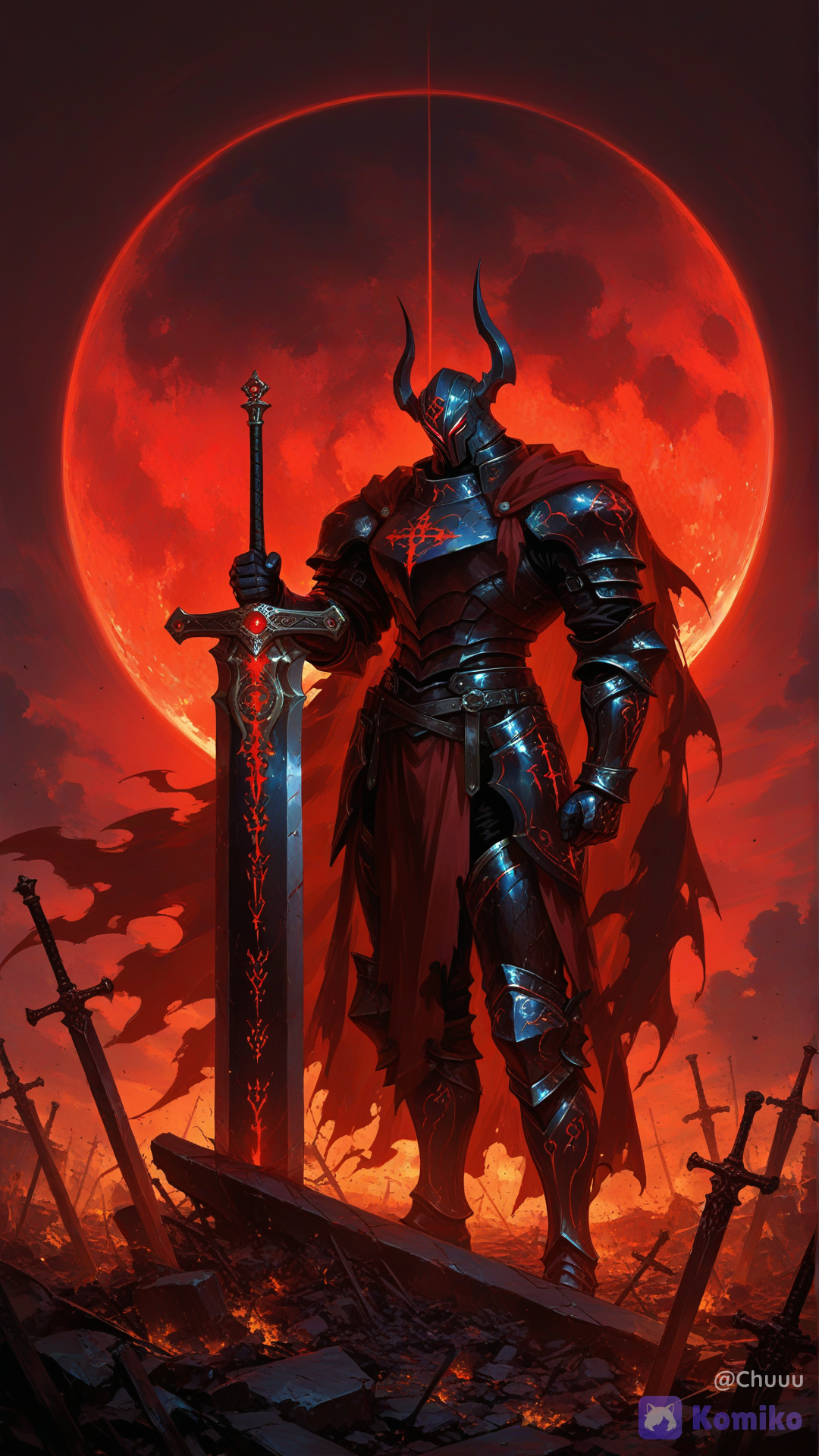 1male, solo, knight of crimson eclipse, legendary warrior, imposing posture, towering build, full body armor, light-absorbing matte black armor, ancient worn-out look, battle damage scratches, dark gold trims and filigree on armor plates, intimidating helmet, faceless helm, slit visor, glowing crimson eyes from within helmet, wielding a gigantic greatsword, massive blade, glowing red norse runes engraved on the sword, battle-torn ragged crimson cape, centuries of war wear, flowing tattered cloth, dense crimson aura, dark red energy smoke evaporating from armor, blood moon eclipse background, glowing ring of red fire behind him, dark moody atmosphere, apocalyptic sky, dramatic backlighting, hyper-cinematic lighting, Physique: A towering, muscular, and intimidating male physique, exuding a threatening aura of a seasoned warrior who stands like an unyielding fortress.Light-Absorbing Armor: Thick, aggressively angled plates made of a mysterious matte-black metal that absorbs light, making it look darker than normal darkness. The surface is covered in deep battle scratches and dents from countless wars.Antique Gold Trims: The armor edges and ancient engraved patterns are trimmed with muted antique gold, giving it a majestic yet battle-worn look.Intimidating Helmet: A fully enclosed helmet with a narrow slit visor. Inside the darkness of the helm, two glowing crimson red eyes stare out coldly with no visible human face., [sensual-glossy-style]