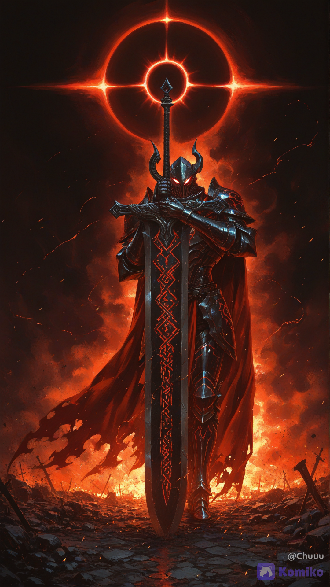 background features an apocalyptic pitch-black sky with a total solar eclipse, creating a glowing ring of red fire (a Blood Moon / Crimson Eclipse) that dramatically illuminates him from behind.Dense Crimson Aura: A thick, blood-red energy smoke evaporates from the cracks of his armor and weapon, trailing behind him whenever he moves., 1male, solo, knight of crimson eclipse, legendary warrior, imposing posture, towering build, full body armor, light-absorbing matte black armor, ancient worn-out look, battle damage scratches, dark gold trims and filigree on armor plates, intimidating helmet, faceless helm, slit visor, glowing crimson eyes from within helmet, wielding a gigantic greatsword, massive blade, glowing red norse runes engraved on the sword, battle-torn ragged crimson cape, centuries of war wear, flowing tattered cloth, dense crimson aura, dark red energy smoke evaporating from armor, blood moon eclipse background, glowing ring of red fire behind him, dark moody atmosphere, apocalyptic sky, dramatic backlighting, hyper-cinematic lighting, Gigantic Greatsword: A massive, thick blade as tall as the knight himself, forged from dark grey metal. The blade is deeply engraved with glowing ancient runes that pulse with red light, mimicking the rhythm of breathing., [sensual-glossy-style]