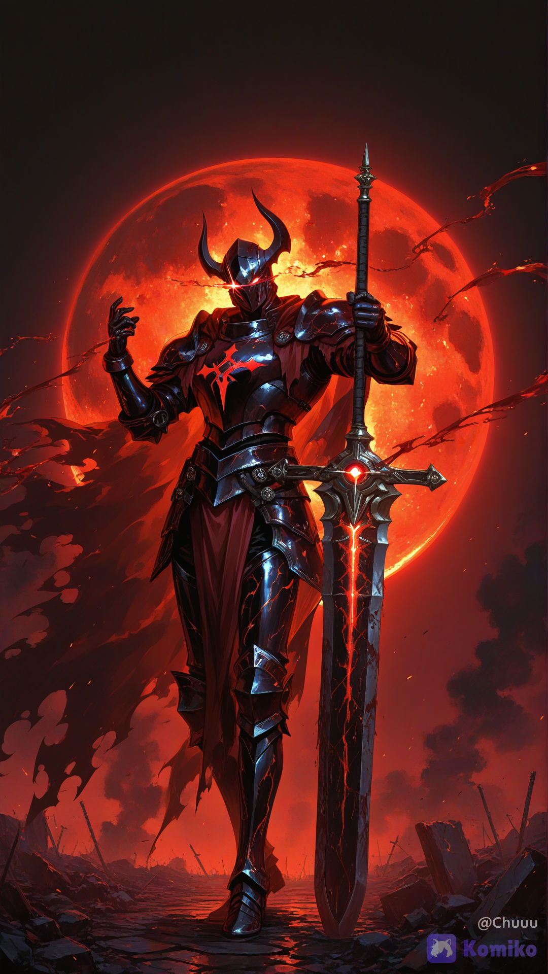 1male, solo, knight of crimson eclipse, full body armor, light-absorbing matte black armor, dark gold trims, intimidating helmet, glowing crimson eyes, wielding a massive greatsword, deeply engraved glowing red norse runes on the blade, vibrant bright crimson runic inscriptions, flowing liquid-magma red light within the rune crevices, sharp neon-red runic glow casting reflections on the black armor, battle-torn ragged crimson cape, dense crimson aura, blood moon eclipse background, dark moody atmosphere, dramatic backlighting, hyper-cinematic lighting, background features an apocalyptic pitch-black sky with a total solar eclipse, creating a glowing ring of red fire (a Blood Moon / Crimson Eclipse) that dramatically illuminates him from behind.Dense Crimson Aura: A thick, blood-red energy smoke evaporates from the cracks of his armor and weapon, trailing behind him whenever he moves., [sensual-glossy-style]