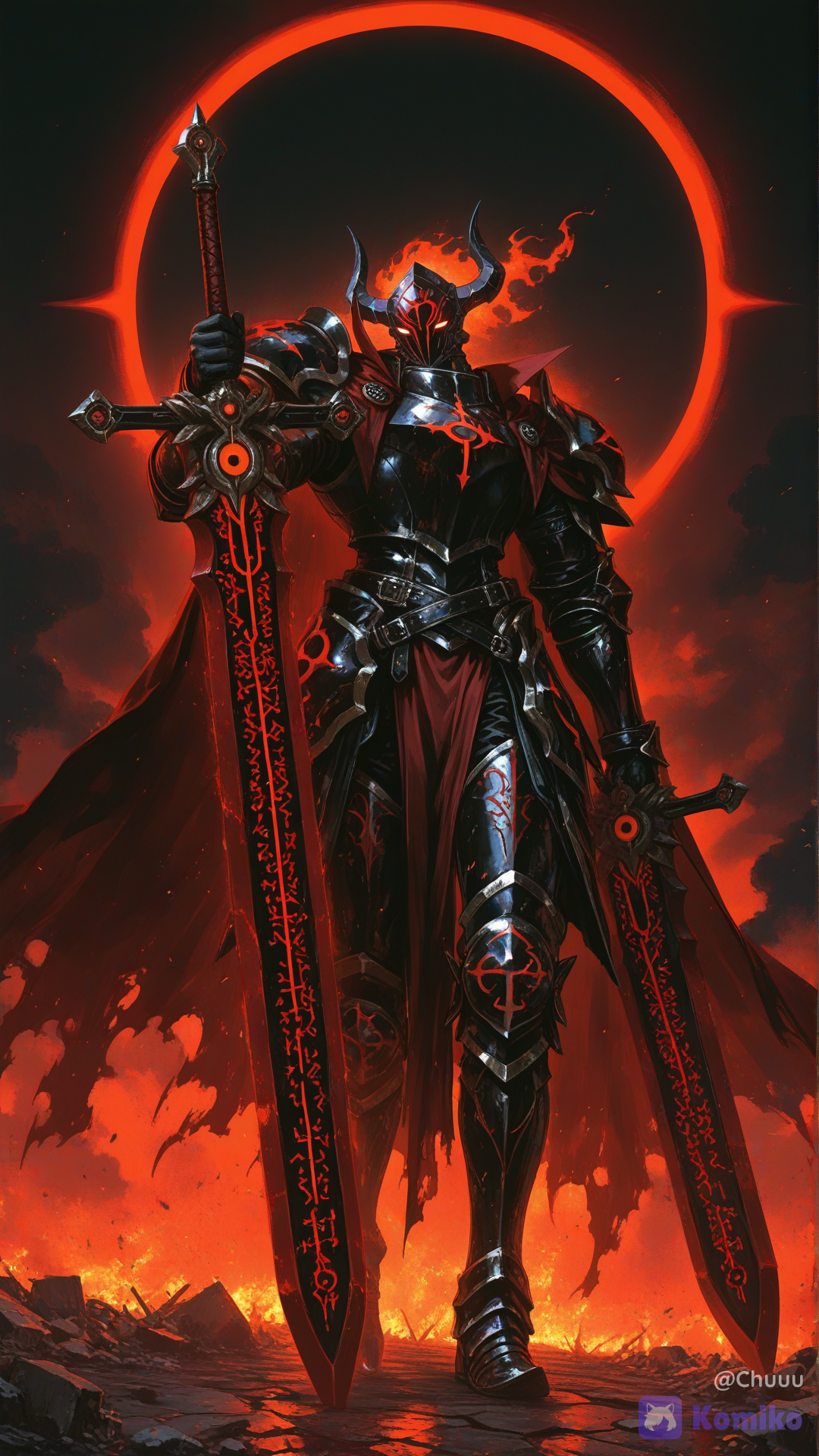 1male, solo, knight of crimson eclipse, full body armor, light-absorbing matte black armor, dark gold trims, intimidating helmet, glowing crimson eyes, wielding a massive greatsword, highly visible and distinct glowing red ancient runes on the blade, sharp neon-red runic symbols, clearly defined glyphs engraved deep into the metal, glowing runic lettering with crisp sharp edges, bright crimson light pulsing through the runic text, casting red reflections on the sword and armor, battle-torn ragged crimson cape, dense crimson aura, blood moon eclipse background, dark moody atmosphere, dramatic backlighting, hyper-cinematic lighting, background features an apocalyptic pitch-black sky with a total solar eclipse, creating a glowing ring of red fire (a Blood Moon / Crimson Eclipse) that dramatically illuminates him from behind.Dense Crimson Aura: A thick, blood-red energy smoke evaporates from the cracks of his armor and weapon, trailing behind him whenever he moves., [sensual-glossy-style]