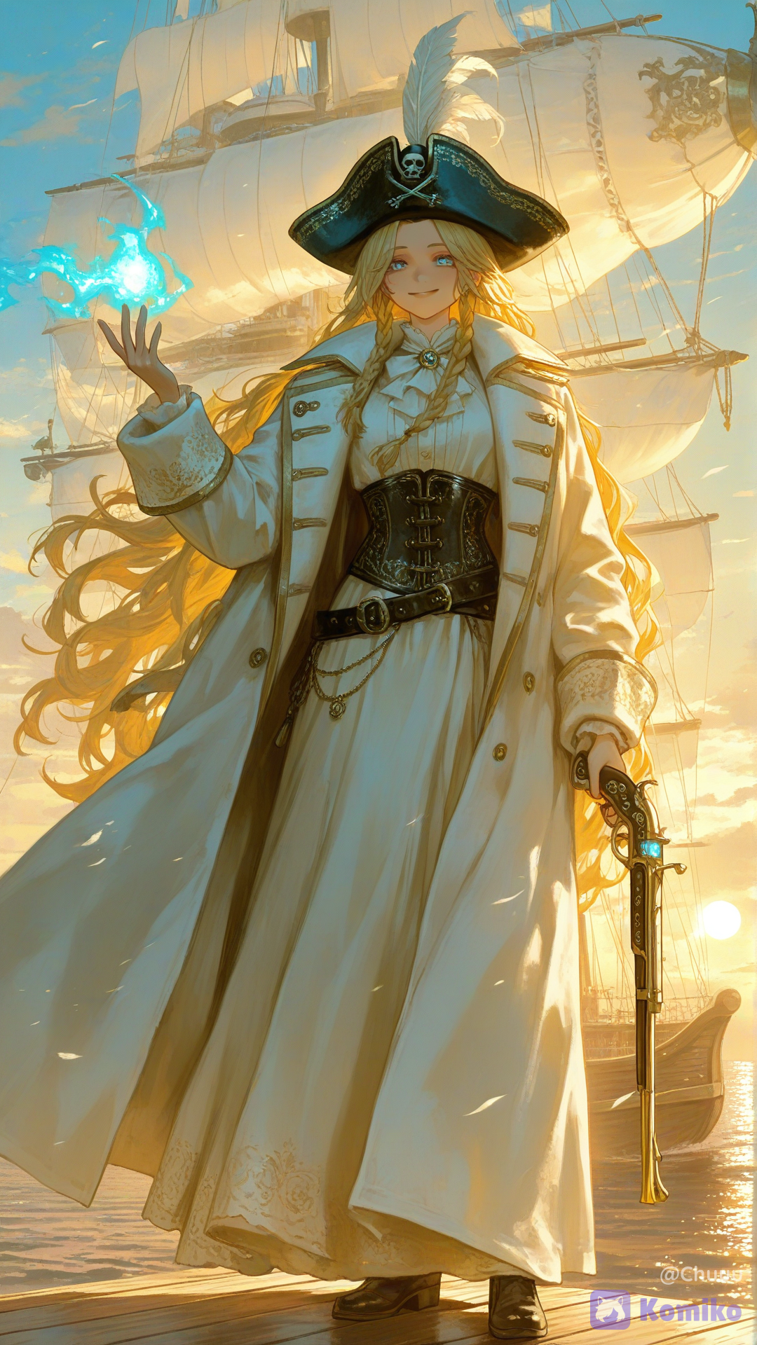 1female, solo, queen of infinite skies, beautiful sky pirate empress, charismatic and confident smile, sharp features, deep azure blue eyes, very long flowing blonde hair blowing wildly in the strong wind, pirate braids, wearing an ornate luxury tricorn pirate hat with a large white phoenix feather, wearing a majestic long flowing white greatcoat with gold embroidery, coat waving powerfully in the wind, wearing a dark navy leather corset, holding a magical flintlock pistol glowing with neon blue aether energy in one hand, holding a sky cutlass with a translucent cyan energy blade, standing proudly on the wooden deck of a flying pirate ship, vast endless blue sky background, majestic white floating clouds, sun rays shining, sense of epic adventure, high-speed movement, cinematic lighting, hyper-She stood firmly on the boat at the bow of the golden teak flying boat. Elegant posture and defying the wind Surrounded by a sea of white fog and endless indigo The bright sunlight of the sky hit her until the horizon light (Rim light) that drove her white coat and golden hair stood out clearly., [sensual-glossy-style]