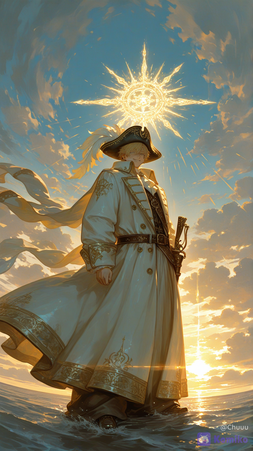 1male, solo, medium-full shot focusing on the character and gear, handsome sky pirate captain standing at the ship bow, charismatic smile, long flowing blonde hair blowing wildly in the wind, ornate luxury tricorn pirate hat with a large white feather. Extremely majestic long flowing white greatcoat with gold embroidery, coat waving powerfully to the side showing full texture. One hand holding a highly magical flintlock pistol glowing with neon blue energy, the other hand resting confidently on the hilt of a sky cutlass sheathed in an ornate scabbard hanging at his waist, luxury leather sword belt with gold buckles. Standing at the edge of the wooden bow, background of an overwhelming sea of clouds, massive thick white cumulus clouds splitting open into dramatic mist around the character, bright blue sky, powerful sun rays casting crisp reflections on his coat and weapons, hyper-cinematic lighting, [sensual-glossy-style]