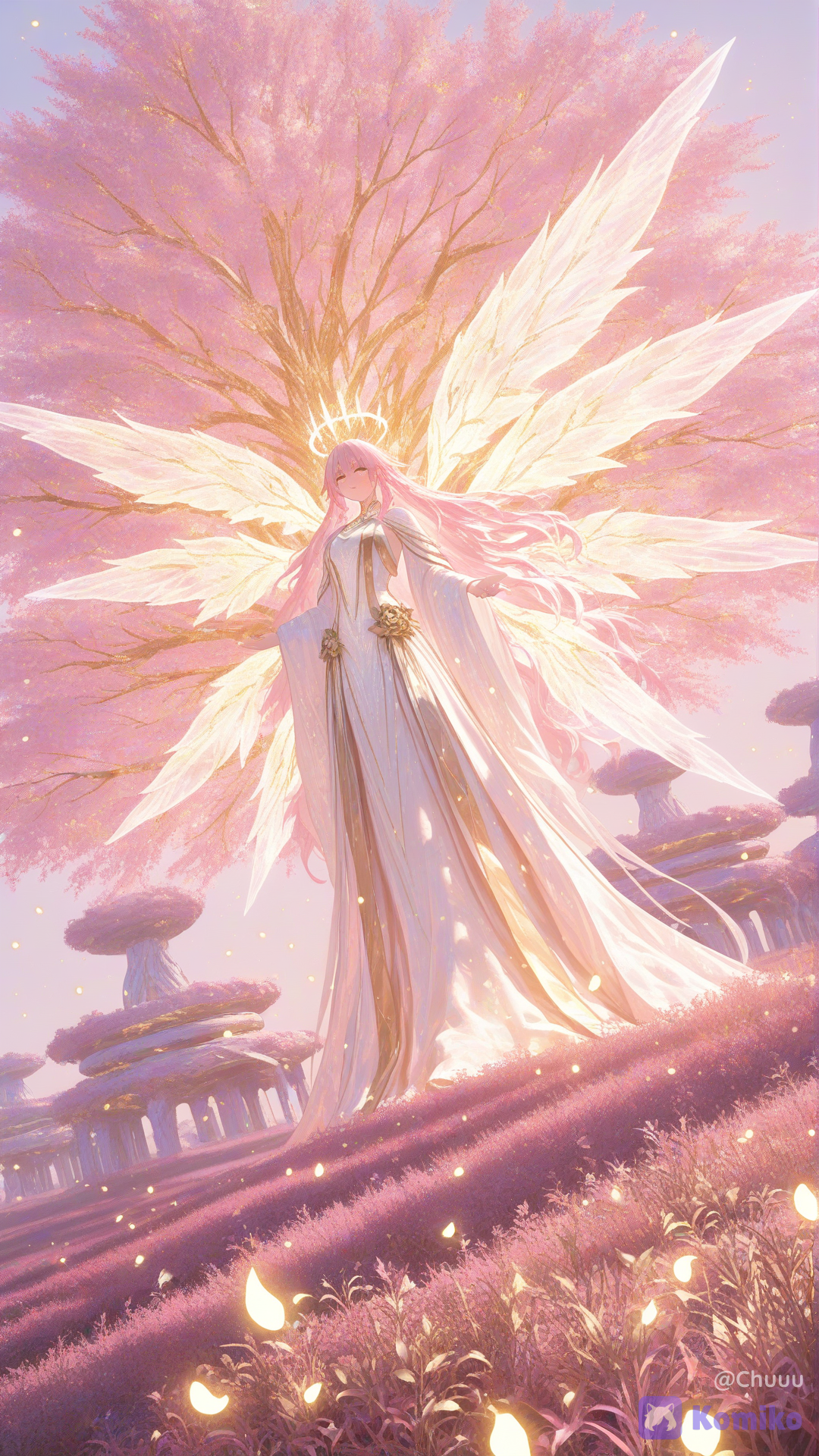 1female, solo, guardian of the celestial garden, immortal protector of the cosmic tree, divine beauty, serene and merciful expression, glowing opalescent skin, mesmerizing rose-gold eyes, long flowing soft pastel pink hair with tiny blooming celestial flowers, wearing an elegant long flowing pure white silk gown with silver leaf embroidery. From her back and shoulders, ancient golden cosmic branches grow out like ethereal wings, filled with glowing translucent crystal leaves emitting soft emerald and cyan starlight. Surrounded by majestic spiritual animals, a glowing celestial stag with crystal antlers and transparent wings, white stardust birds. Standing under a colossal glowing cosmic tree, floating sky garden background, vibrant bioluminescent grass and exotic flowers on the ground, floating magic dust particles, soft heavenly cinematic lighting, hyper-[sensual-glossy-style], Empress of the Cosmic Arbor