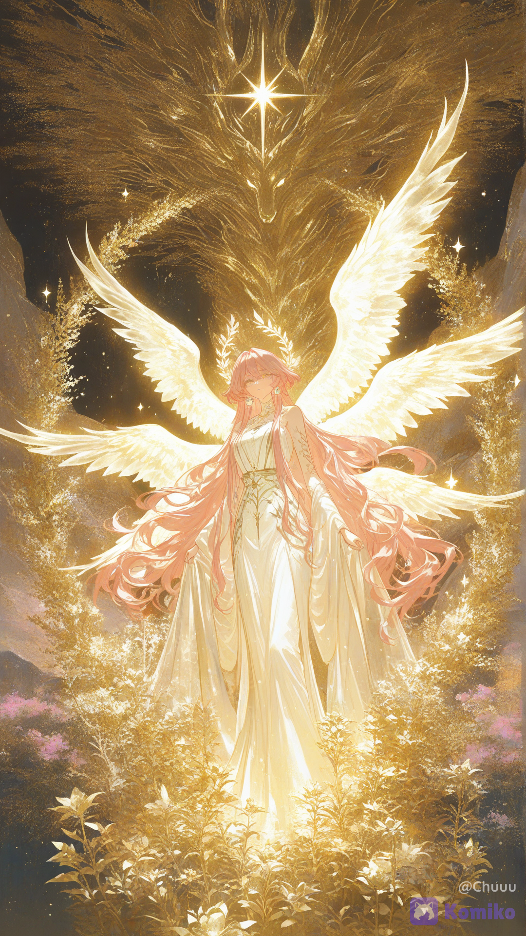 1female, solo, guardian of the celestial garden, immortal protector of the cosmic tree, divine beauty, serene and merciful expression, glowing opalescent skin, mesmerizing rose-gold eyes, long flowing soft pastel pink hair with tiny blooming celestial flowers, wearing an elegant long flowing pure white silk gown with silver leaf embroidery. From her back and shoulders, ancient golden cosmic branches grow out like ethereal wings, filled with glowing translucent crystal leaves emitting soft emerald and cyan starlight. Accompanied by a variety of majestic spiritual animals walking alongside her and protecting her, a large glowing celestial stag with crystalline antlers and transparent spirit wings standing next to her, a majestic white phoenix bird with glowing stardust feathers resting on her shoulder, magical animal companions emitting a soft ethereal glow. Standing under a colossal glowing cosmic tree, floating sky garden background, vibrant bioluminescent grass and exotic flowers on the ground, floating magic dust particles, soft heavenly cinematic lighting, hyper-[sensual-glossy-style], Empress of the Cosmic Arbor
