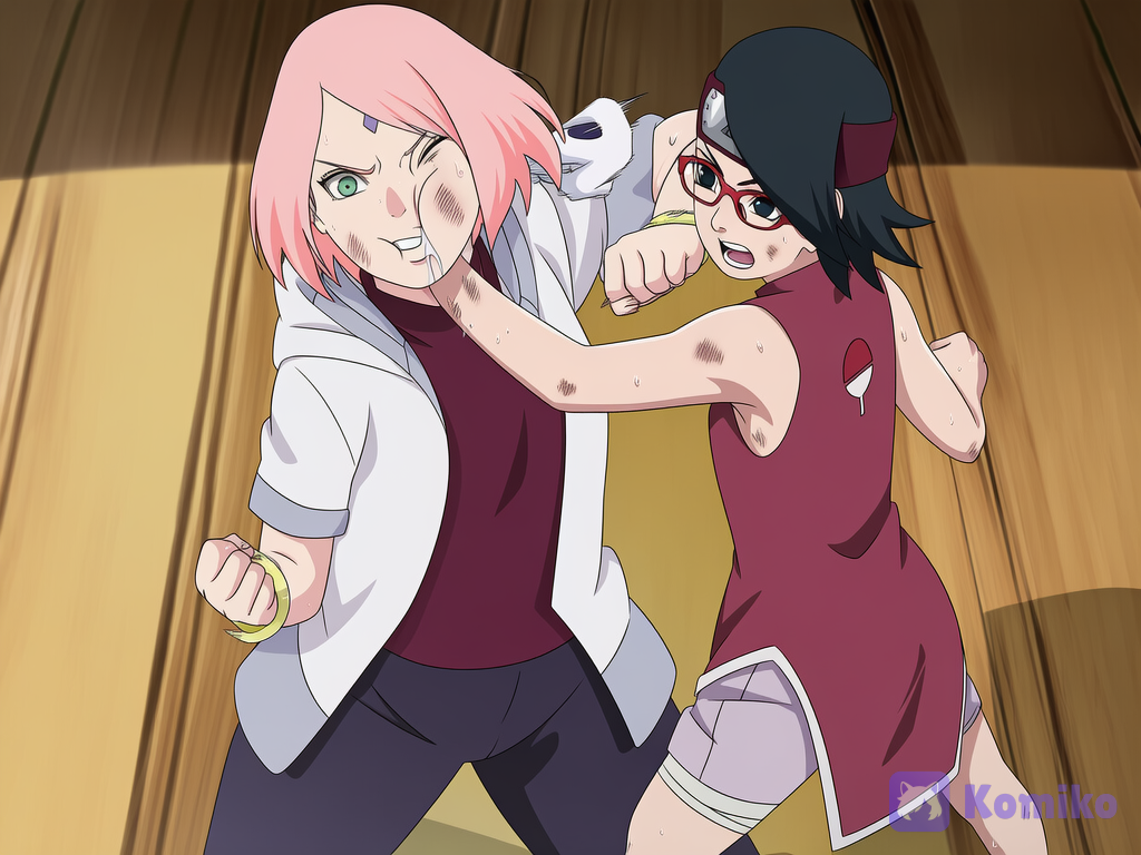 (Boruto: Naruto Next Generations), 2girls, 2people, @sakura-Sv2e, @sarada-oW4w, Sakura Haruno is punching Sarada Uchiha in the face, the two are fighting in the backyard, Both of their bodies are dirty, showing the impact of the punch, saliva flying from their mouths, garden, sweaty skin, and the effect of the sunlight, full body view, [bold-anime-screencap-style]