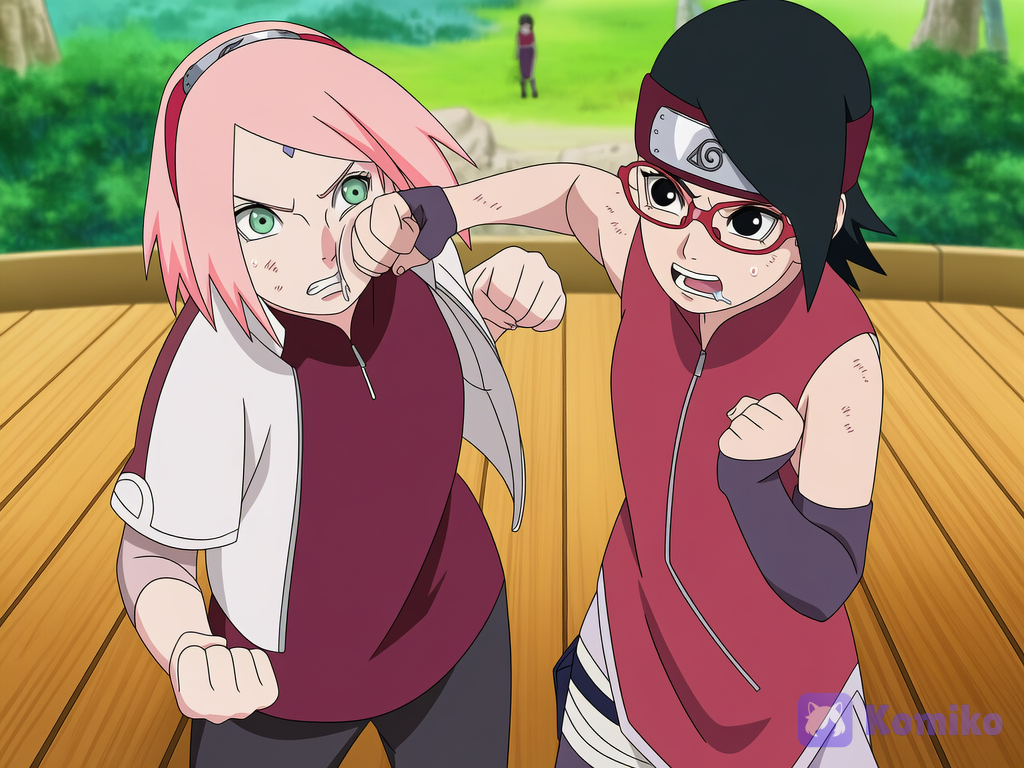 (Boruto: Naruto Next Generations), 2girls, 2people, @sakura-Sv2e, @sarada-oW4w, Sakura Haruno is punching Sarada Uchiha in the face, Sarada Uchiha is getting punched in the face, the two are fighting in the backyard, Both of their bodies are dirty, showing the impact of the punch, saliva flying from their mouths, garden, sweaty skin, and the effect of the sunlight, full body view, official anime art, [bold-anime-screencap-style]