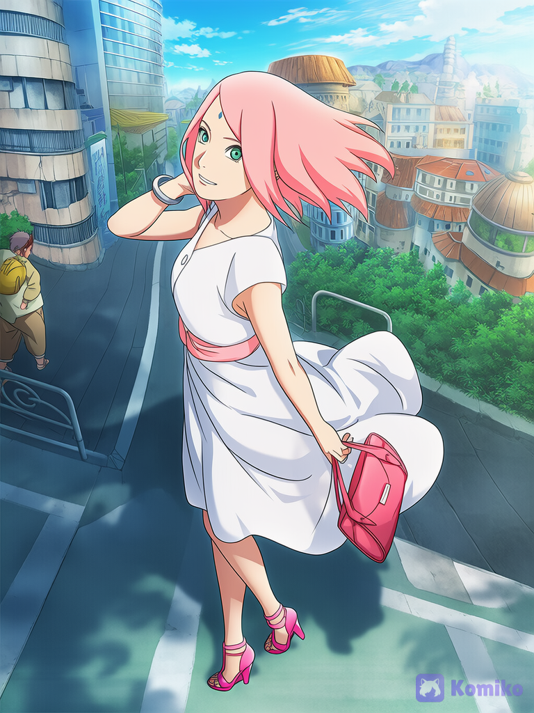 (Boruto: Naruto Next Generations), Masashi Kishimoto art style, side view from a high angle. Sakura Haruno is wearing a white summer dress with pink accents, pink high heels, and is holding a pink handbag. She is walking along a city street, with her hair and clothes moving in the wind. She wears a slight, toothy smile while glancing sideways at the viewer. The lighting is natural sunlight., shonen manga cover art, full color manga illustration, manga shadows.